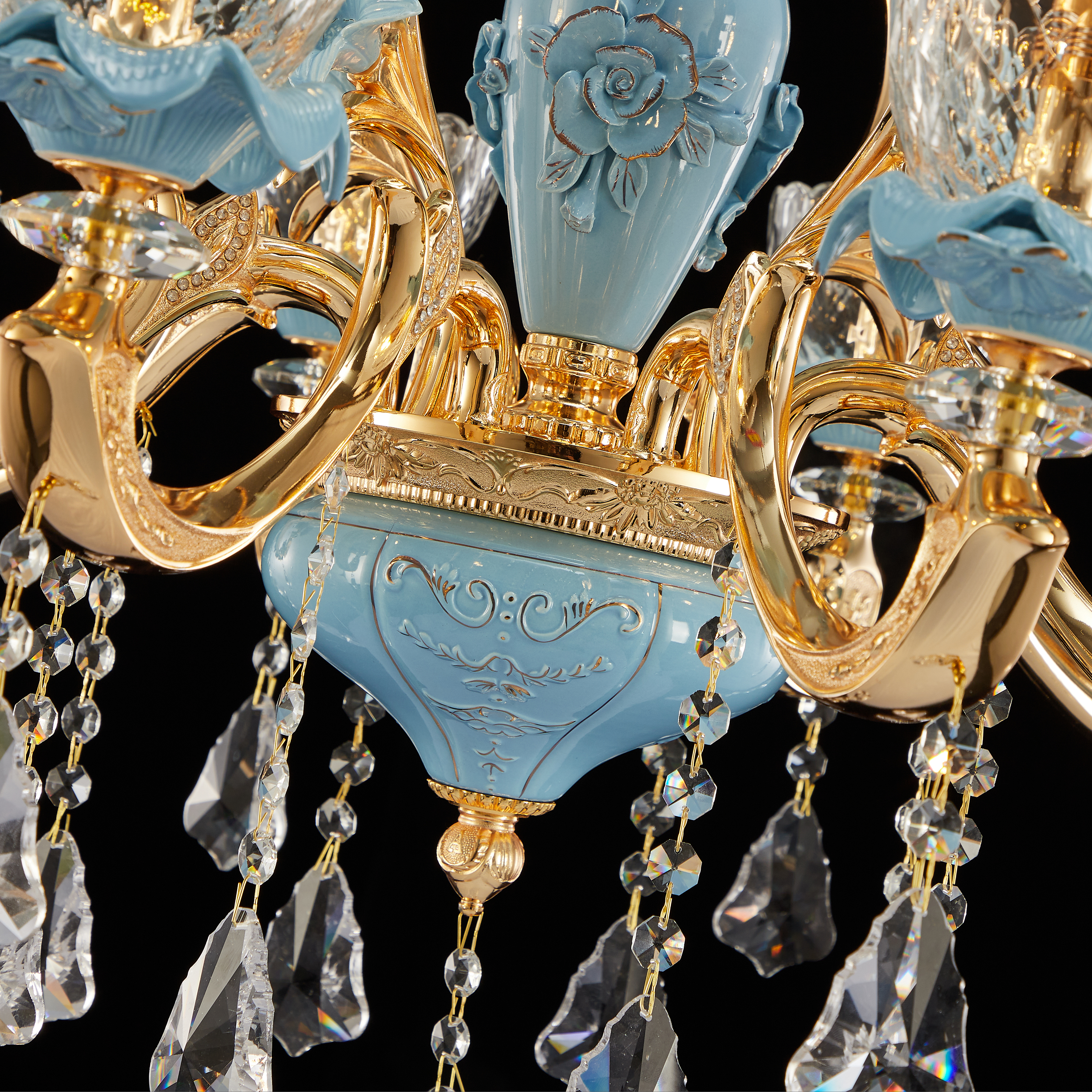 Blue ceramic 37 lights Chinese Style brass chandelier for foyer/staircase