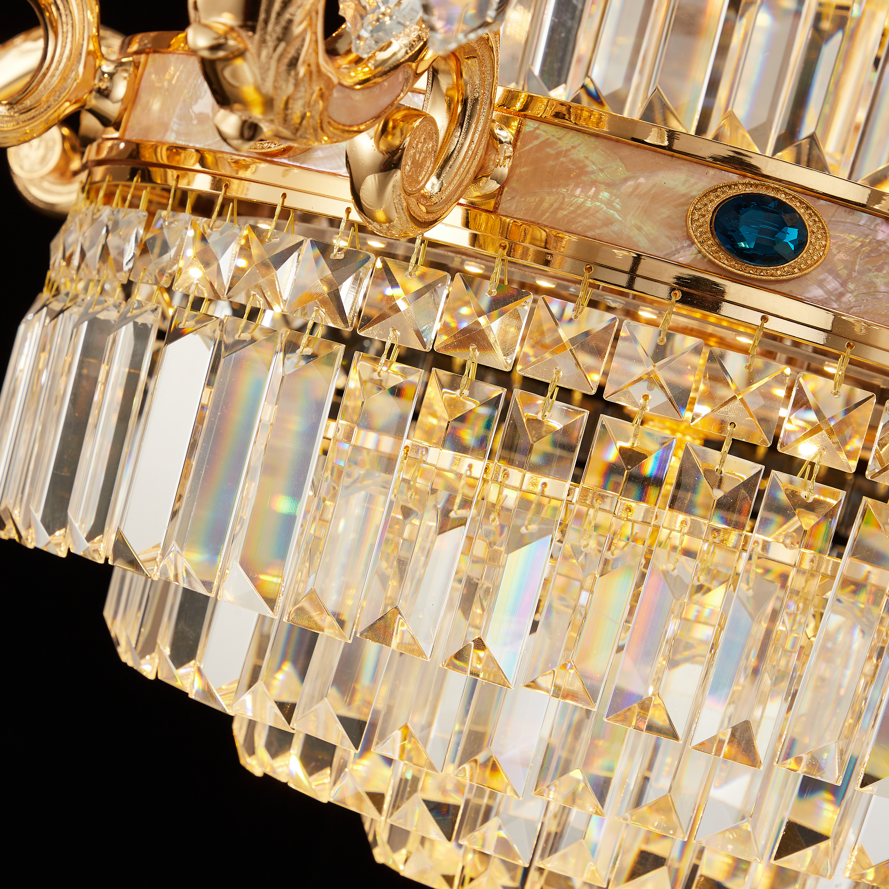 Long three layers staircase golden brass crystal chandelier