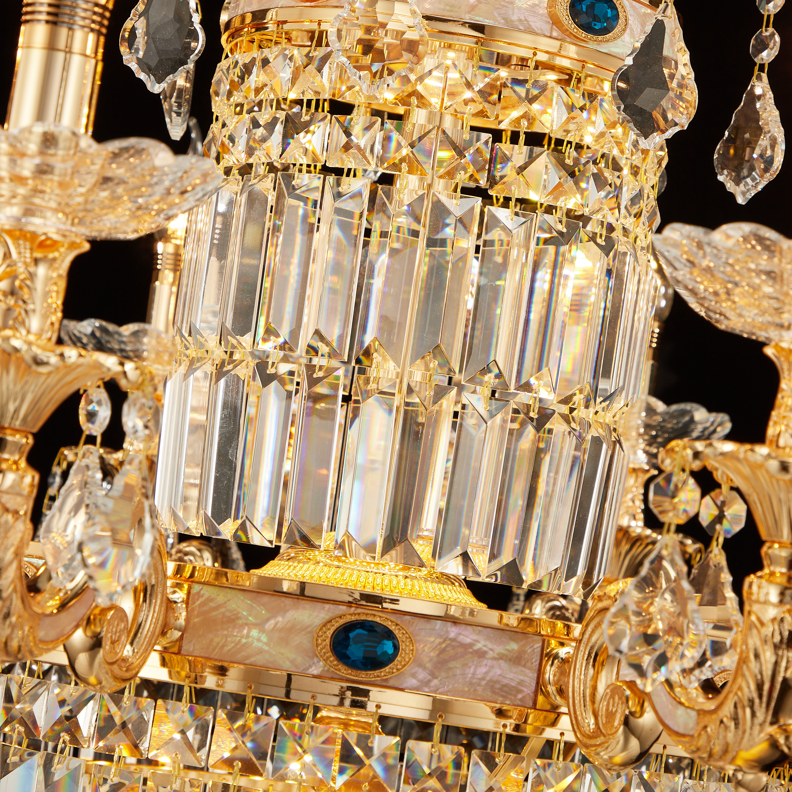 Long three layers staircase golden brass crystal chandelier
