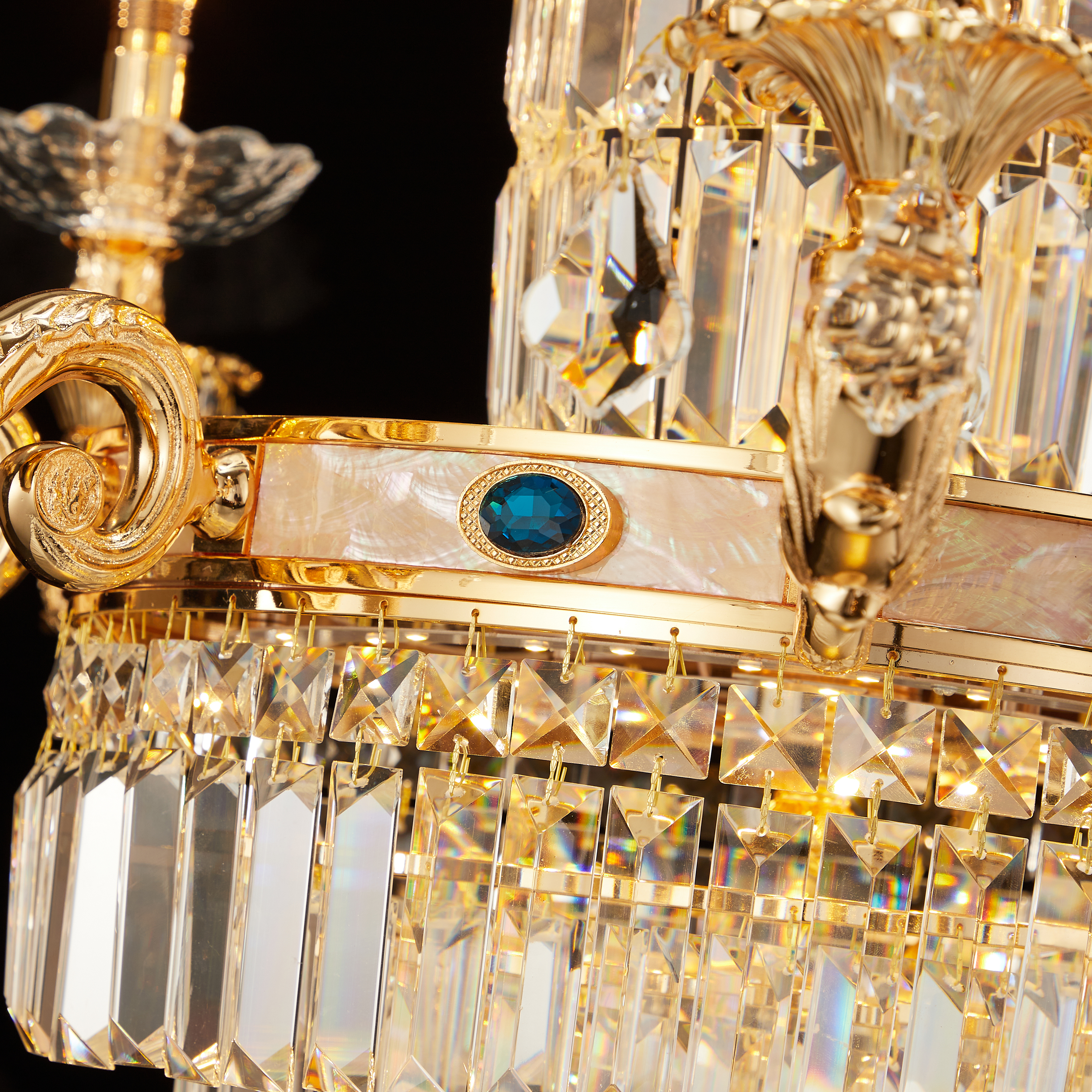 Long three layers staircase golden brass crystal chandelier