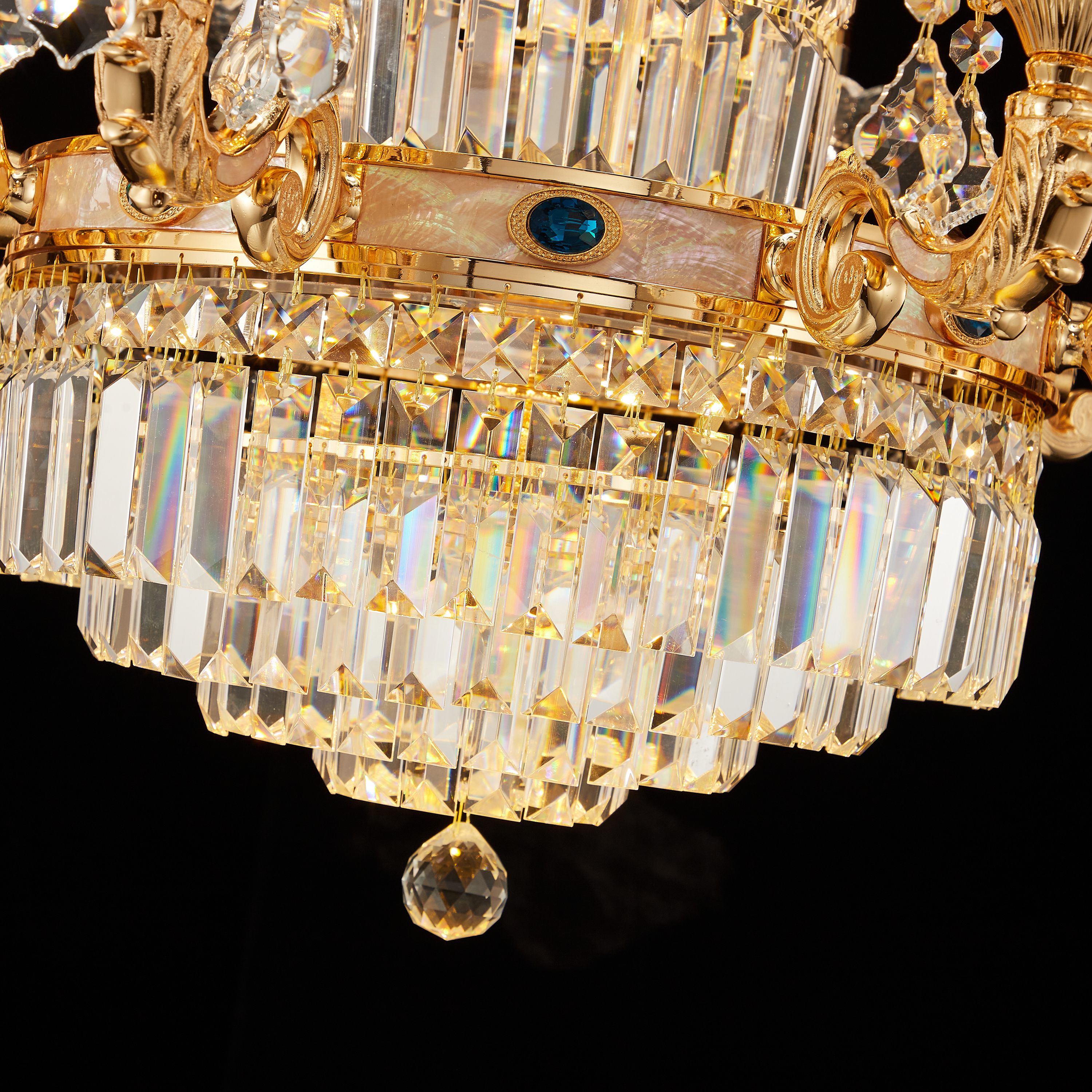 Long three layers staircase golden brass crystal chandelier