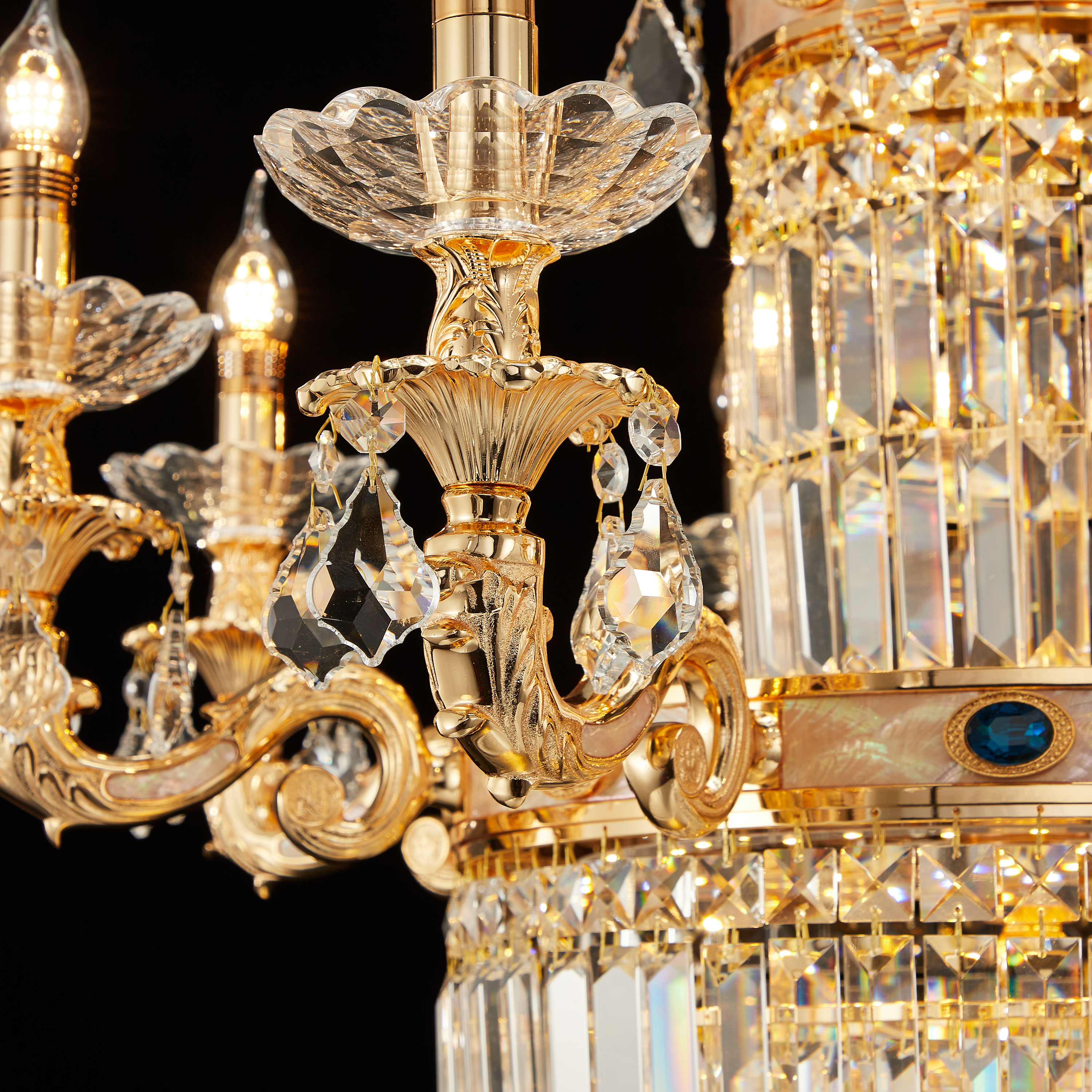 Long three layers staircase golden brass crystal chandelier
