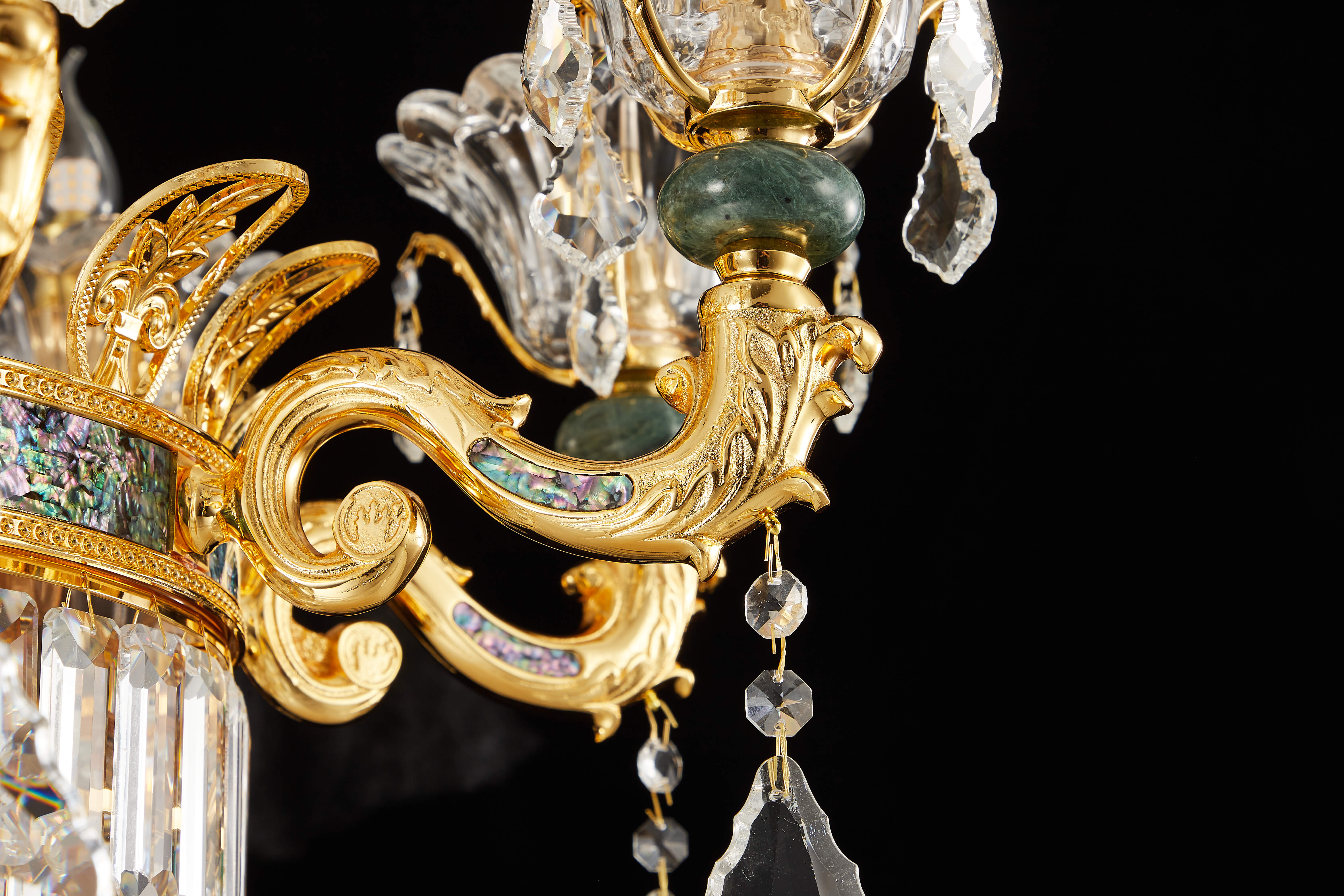  French Gold Brass Crystal Chandelier with Turquoise Accents