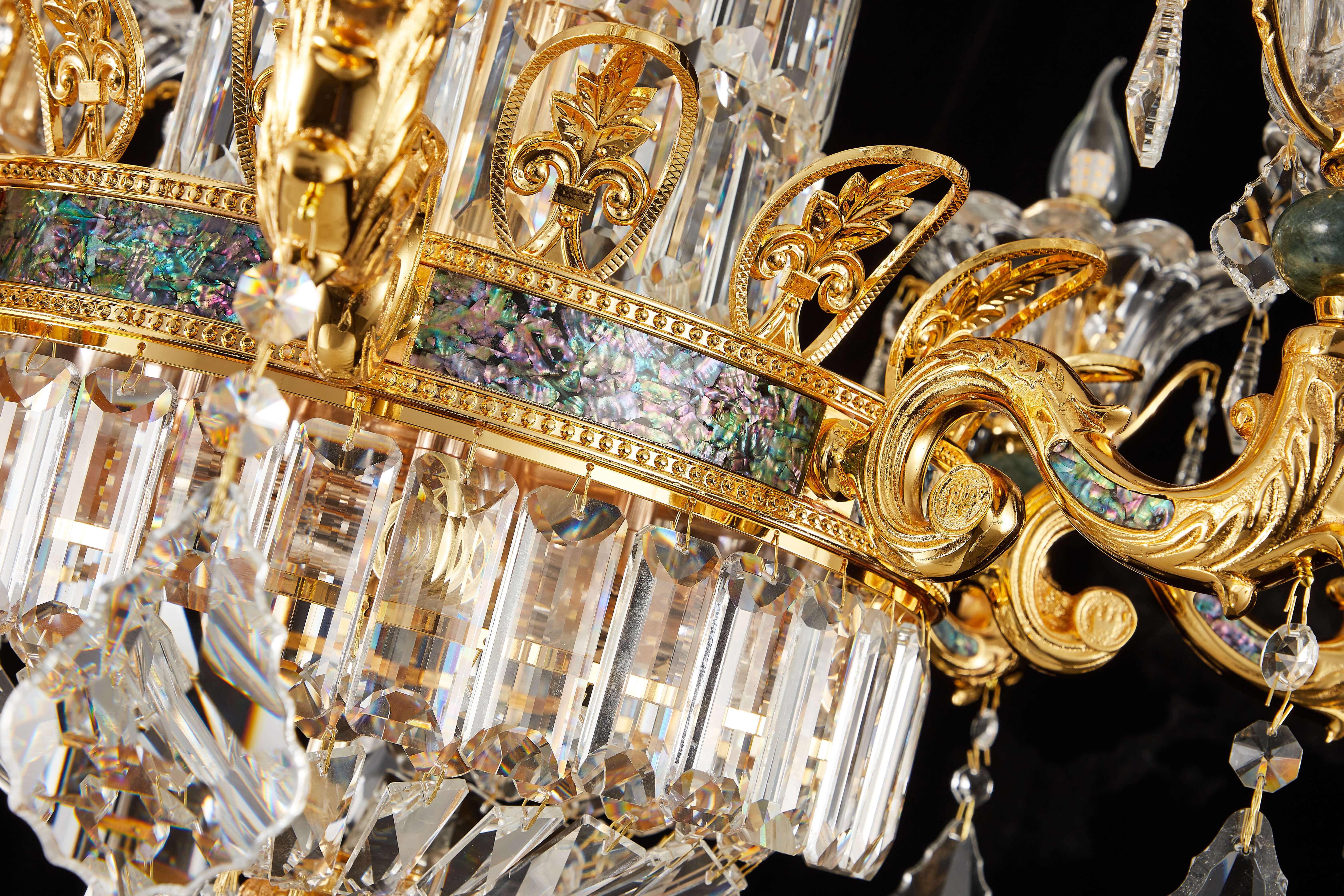  French Gold Brass Crystal Chandelier with Turquoise Accents