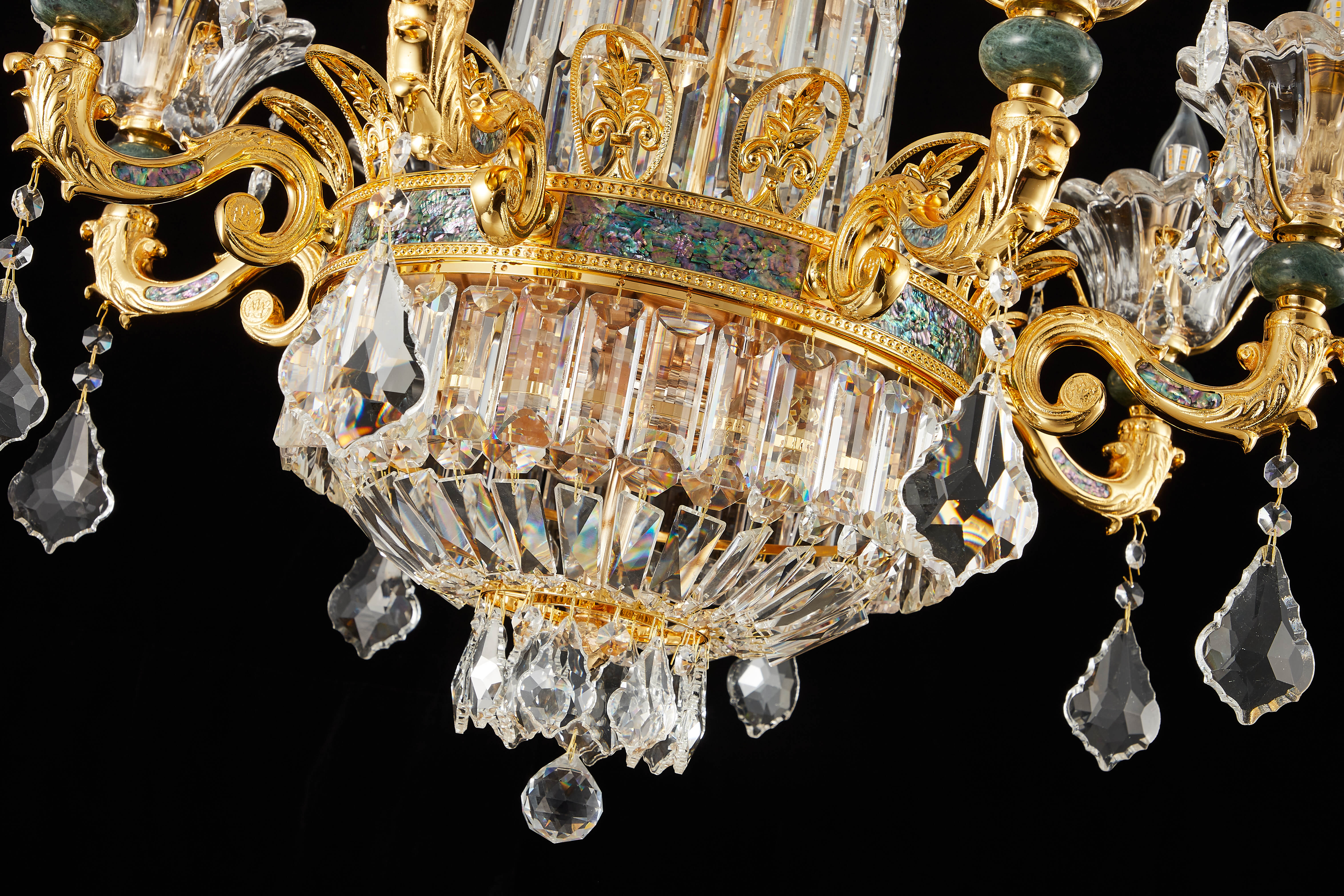  French Gold Brass Crystal Chandelier with Turquoise Accents