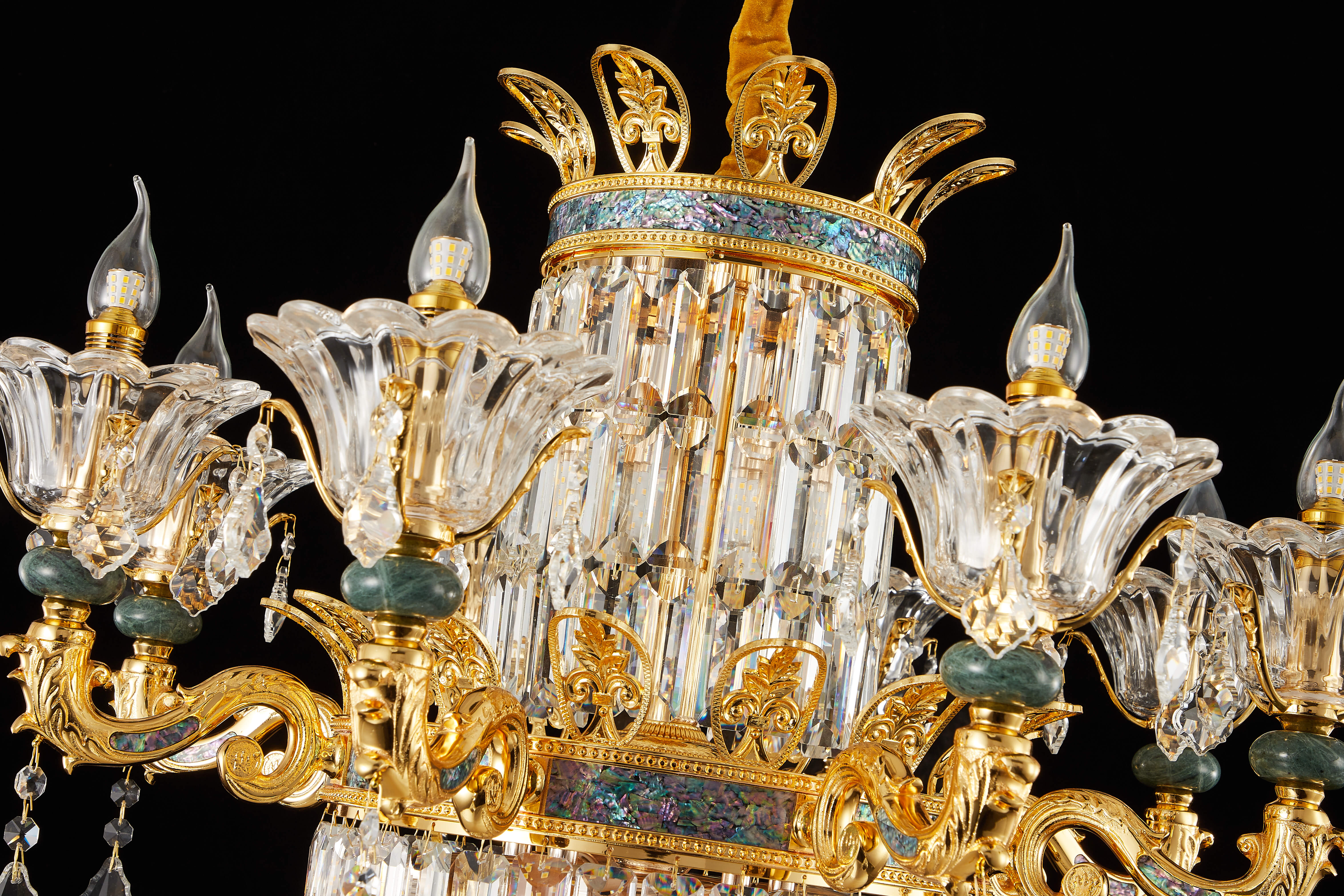  French Gold Brass Crystal Chandelier with Turquoise Accents