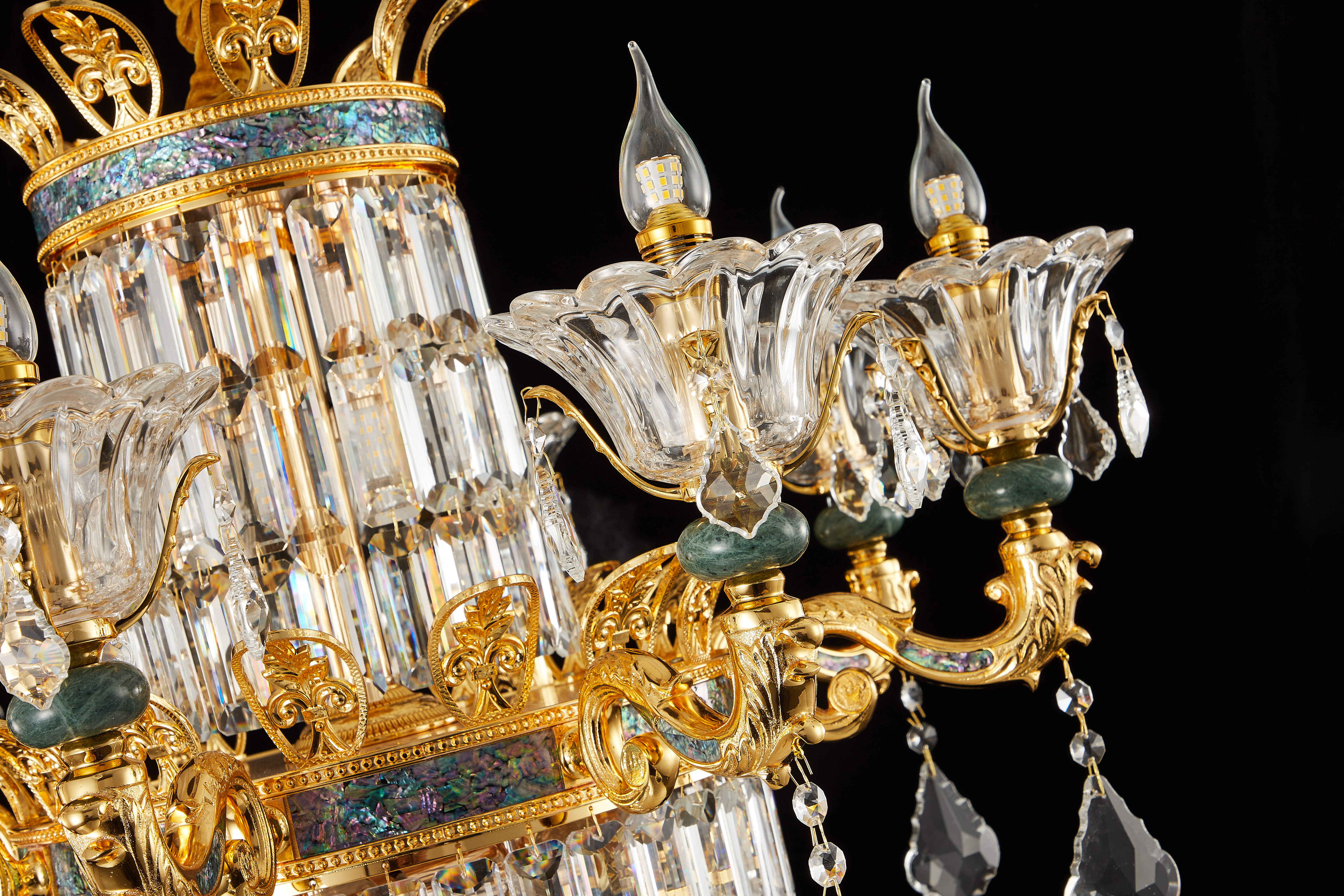  French Gold Brass Crystal Chandelier with Turquoise Accents