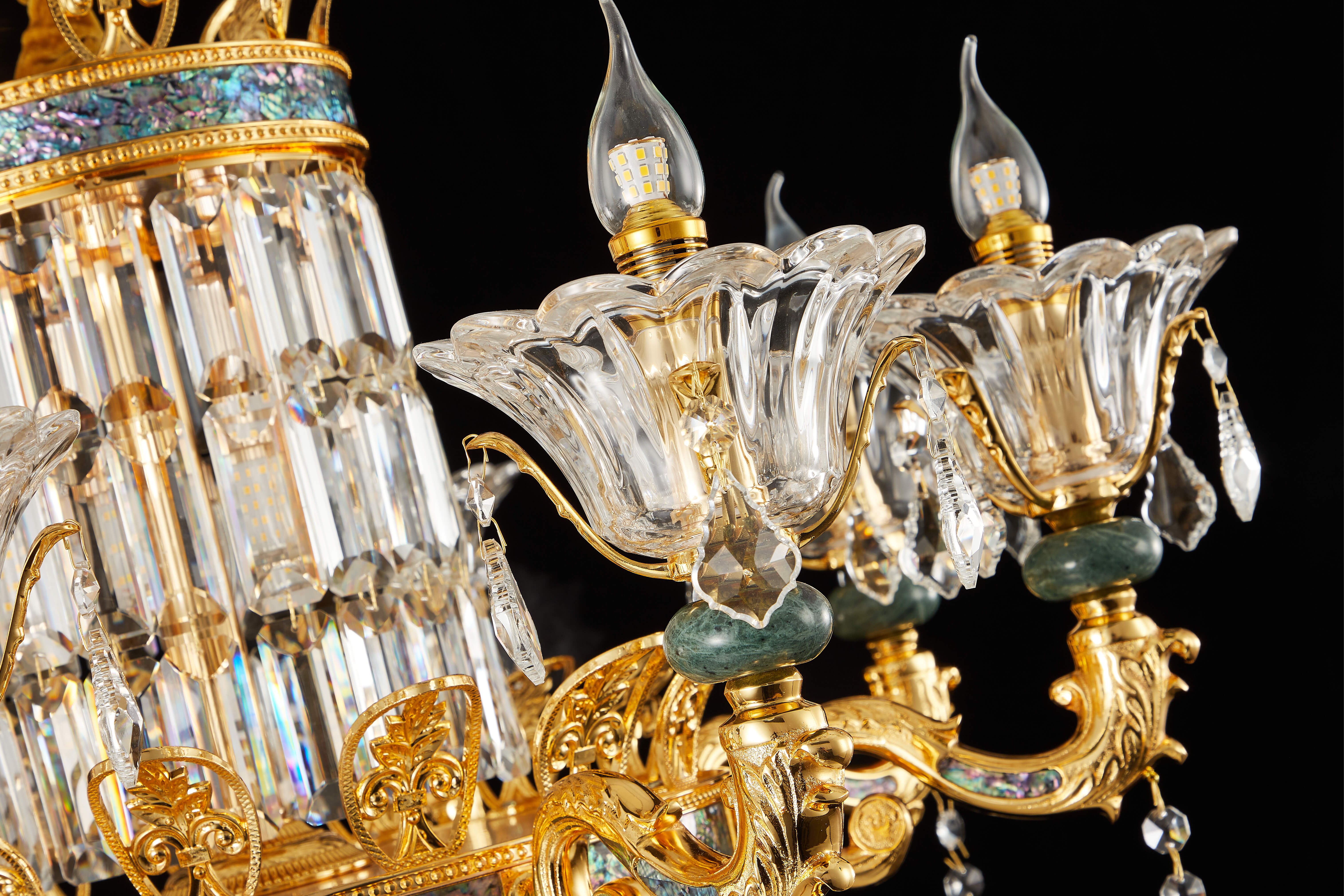  French Gold Brass Crystal Chandelier with Turquoise Accents