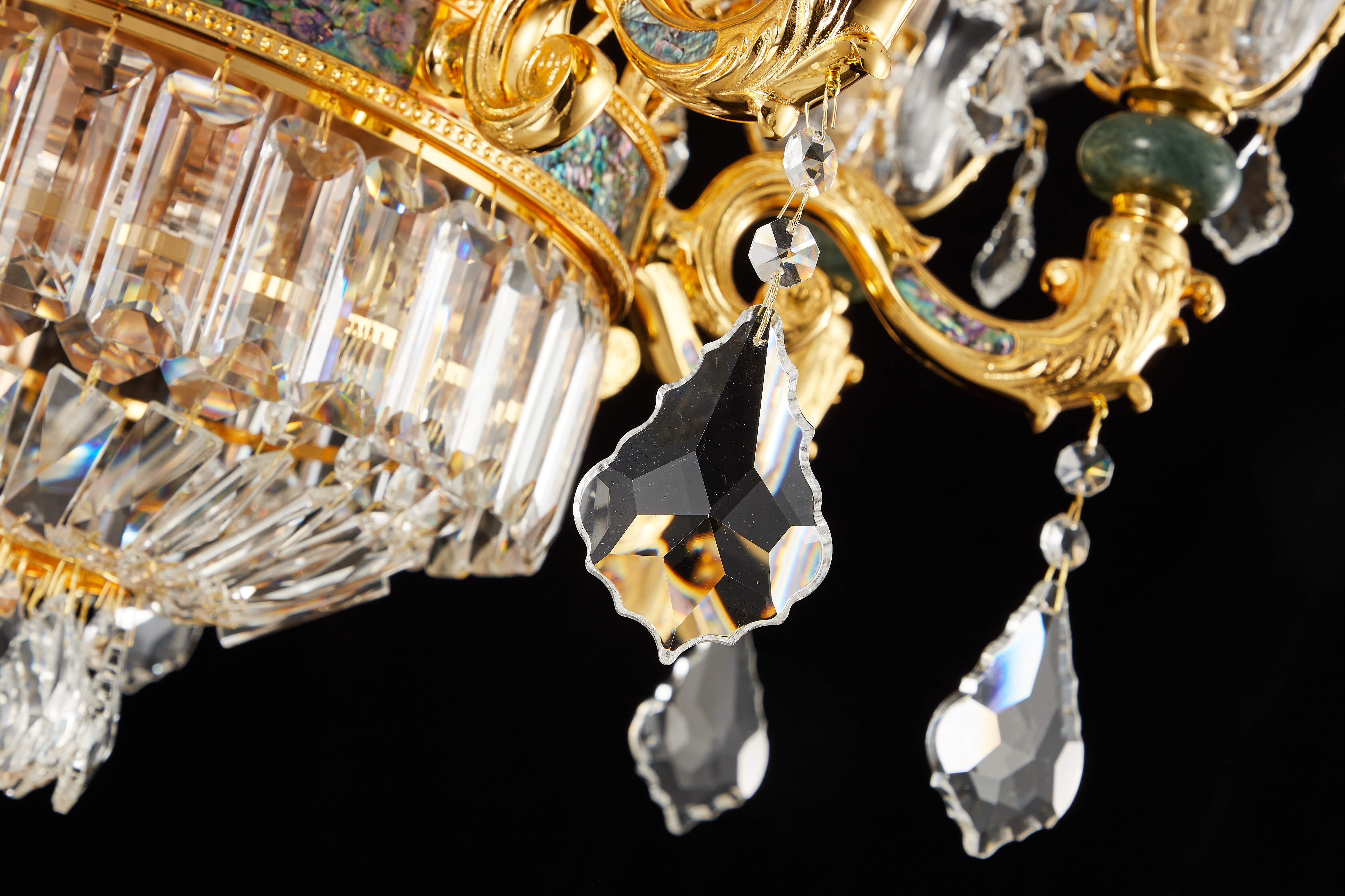  French Gold Brass Crystal Chandelier with Turquoise Accents