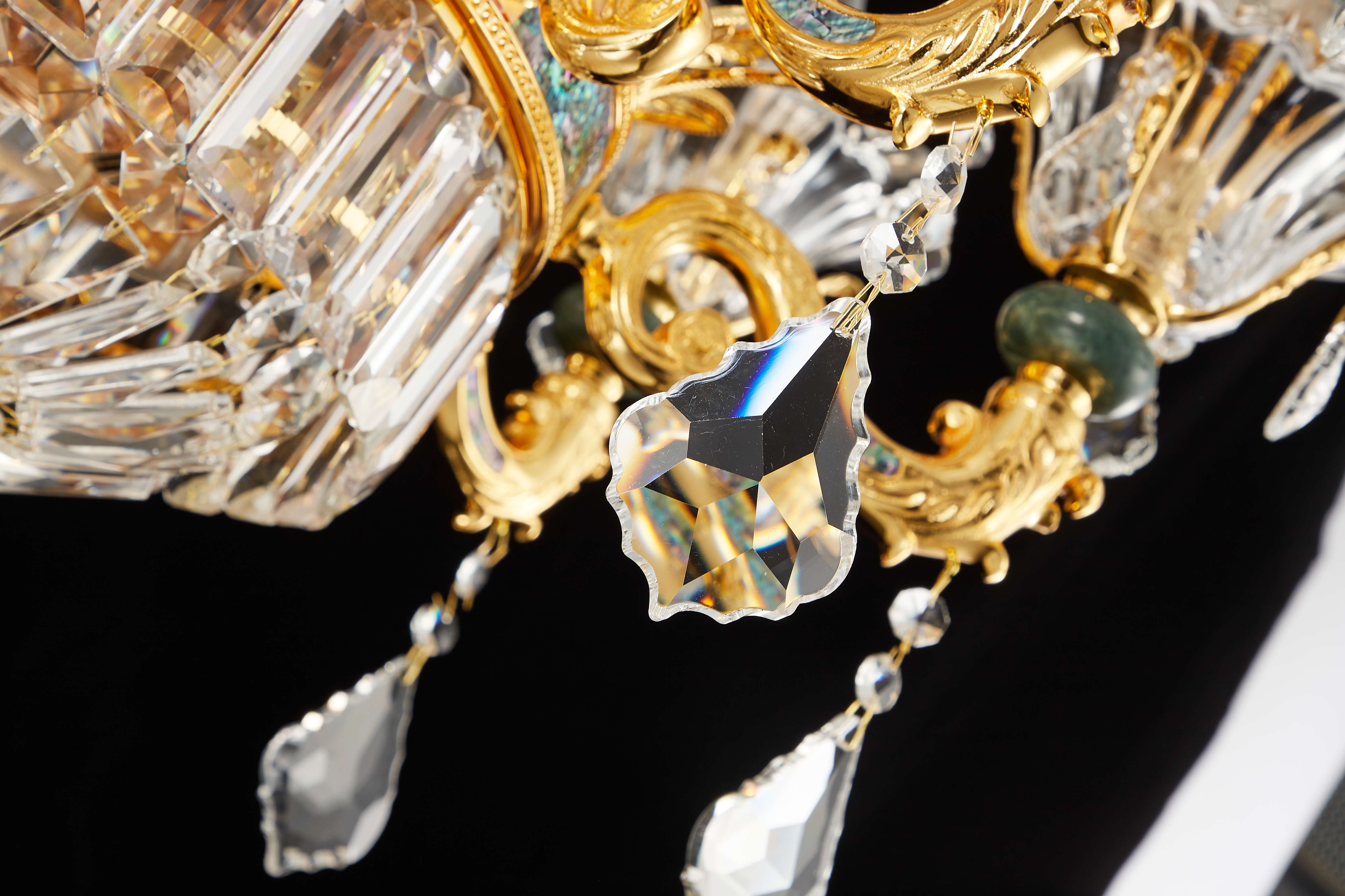  French Gold Brass Crystal Chandelier with Turquoise Accents