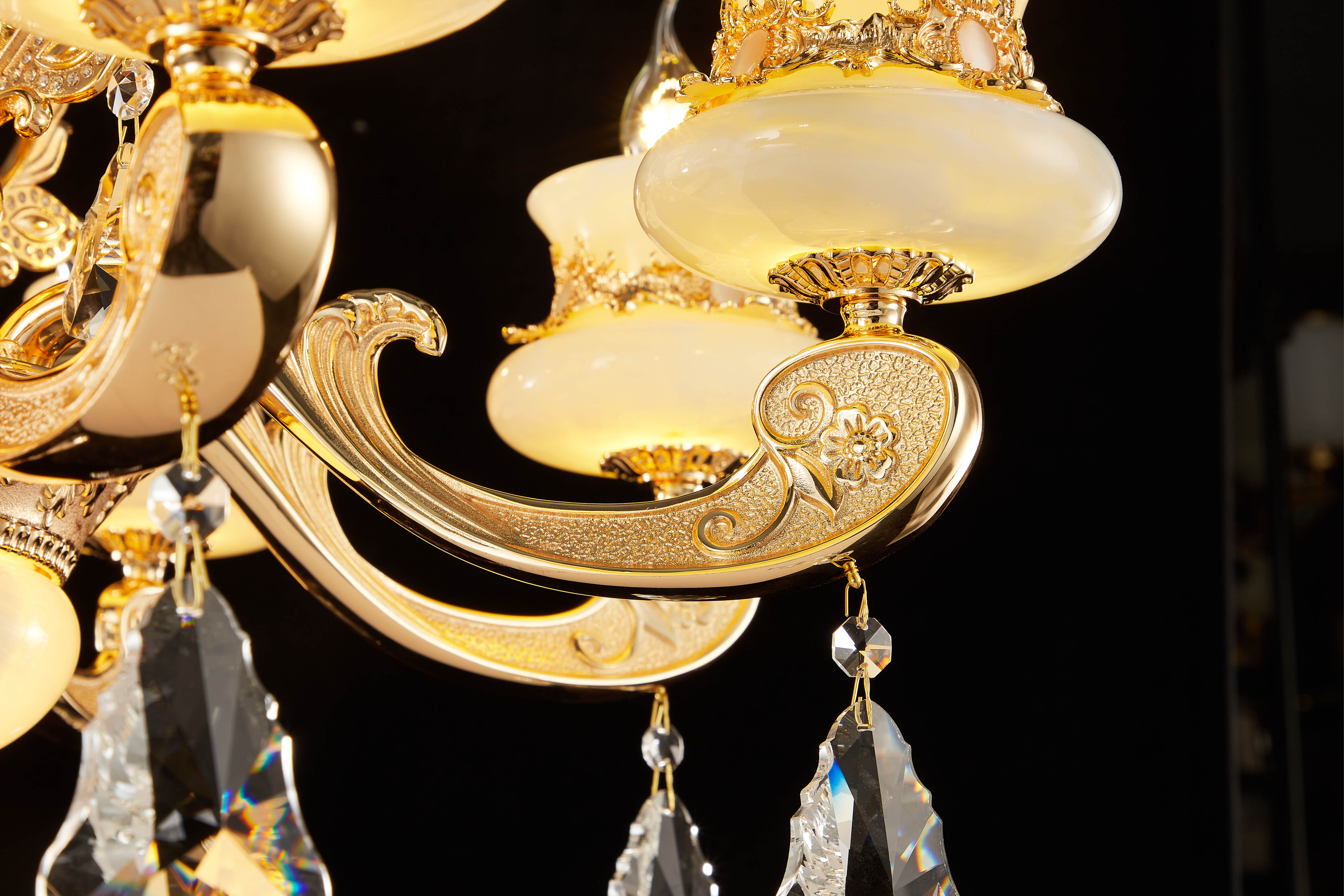  Luxury Gold Brass Chandelier with Natural White Jade & Crystal