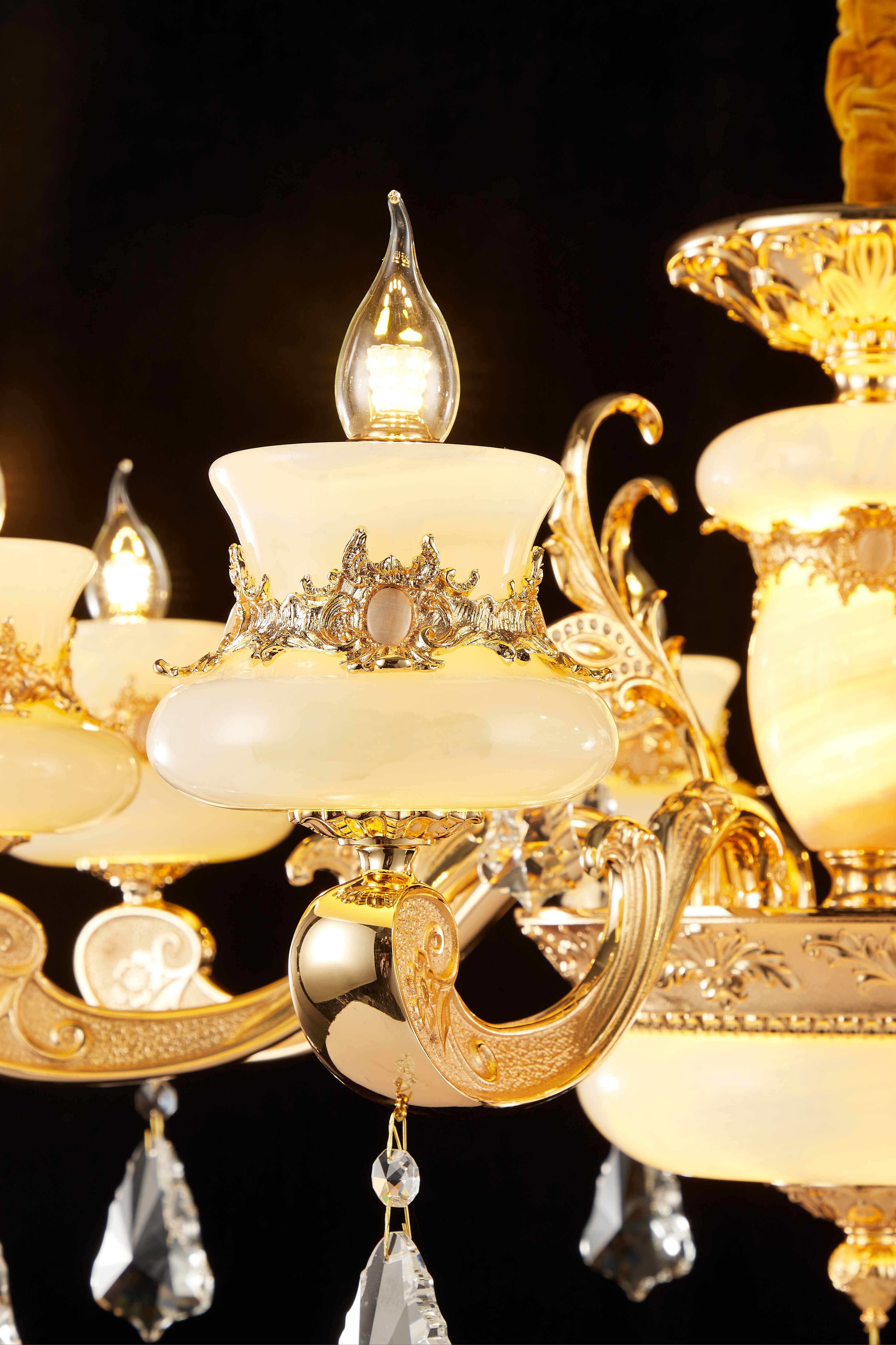  Luxury Gold Brass Chandelier with Natural White Jade & Crystal