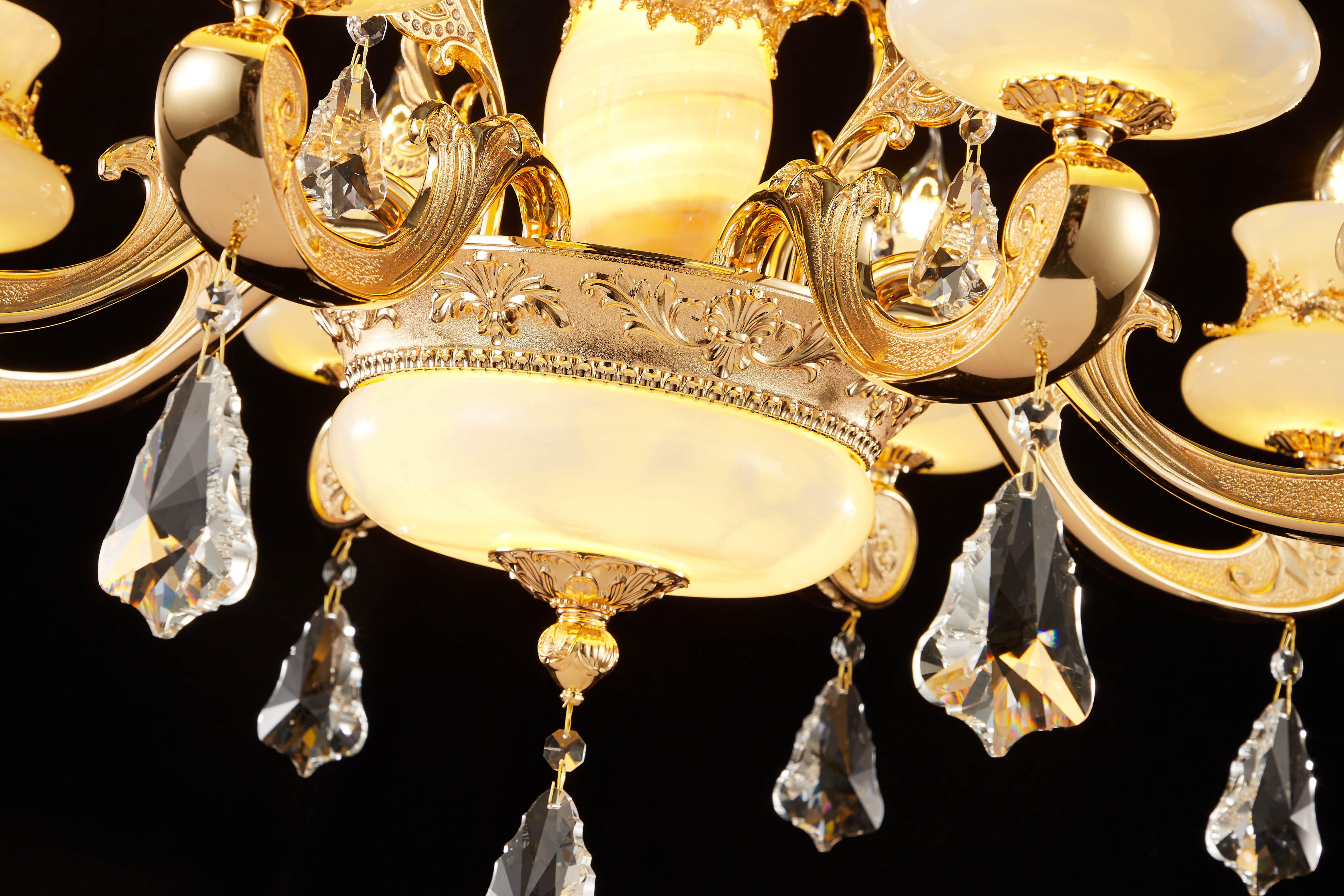  Luxury Gold Brass Chandelier with Natural White Jade & Crystal