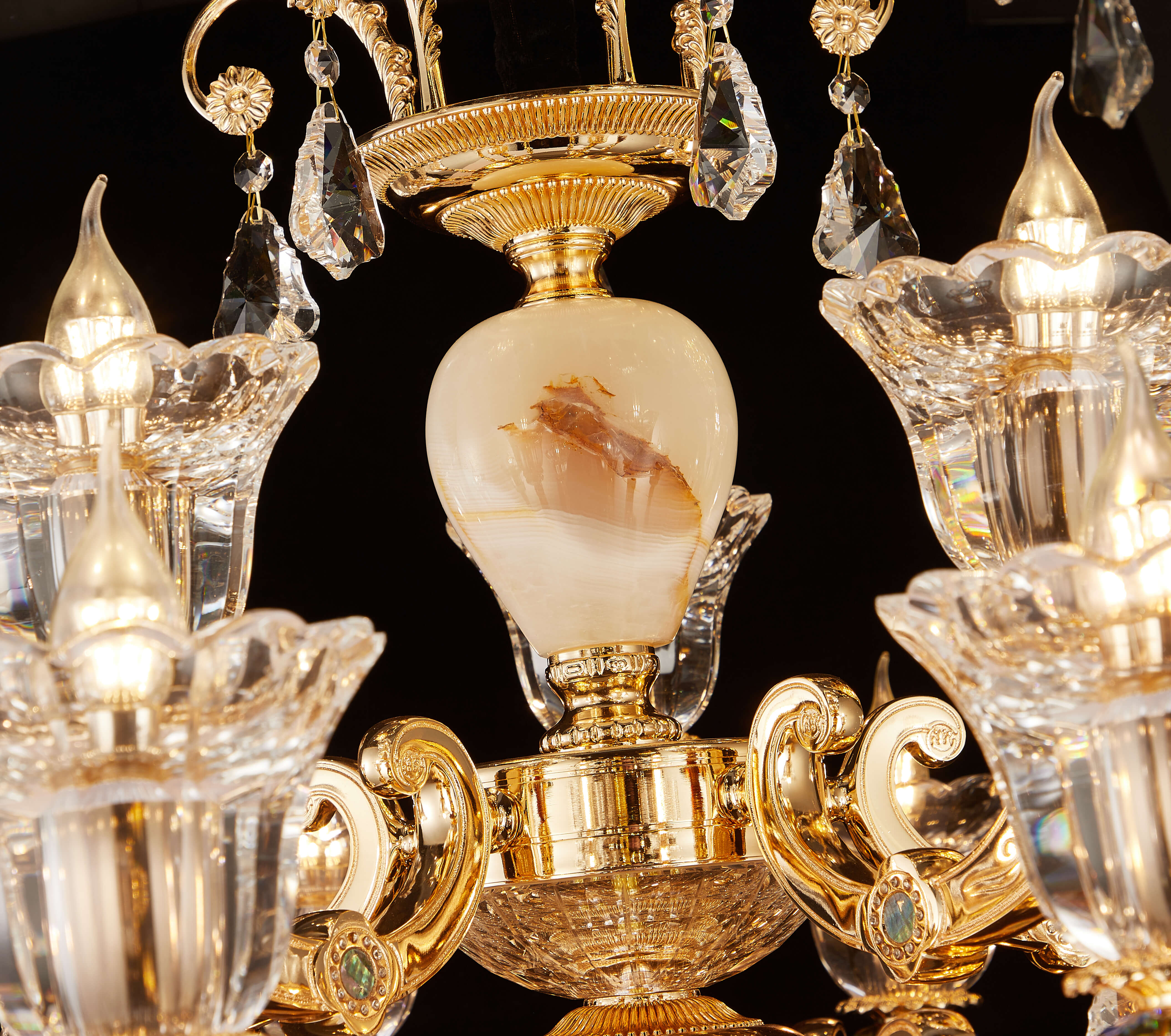Brass Crystal White Jade Chandelier for Villa & Hotel