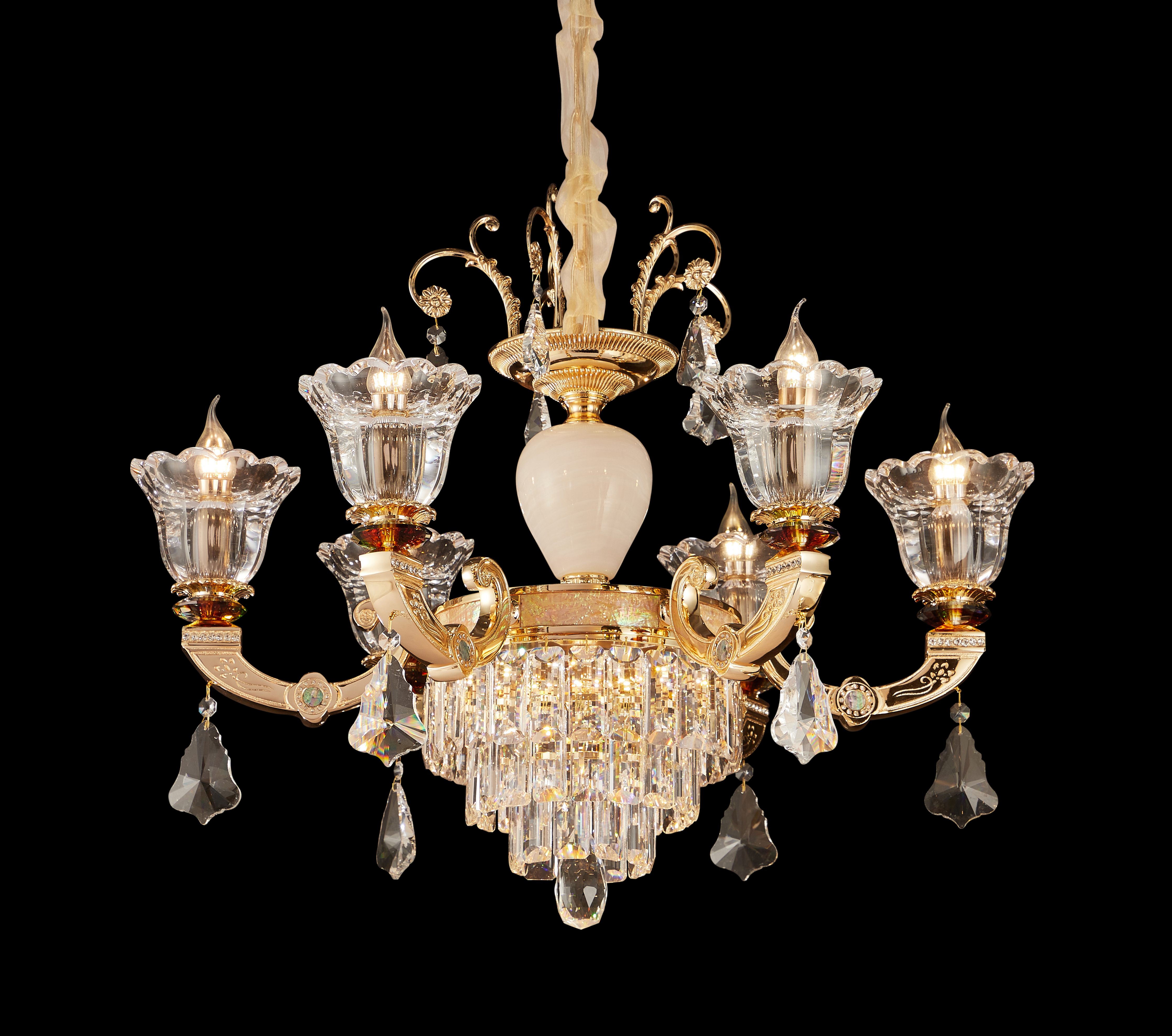 Brass Crystal White Jade Chandelier for Villa & Hotel