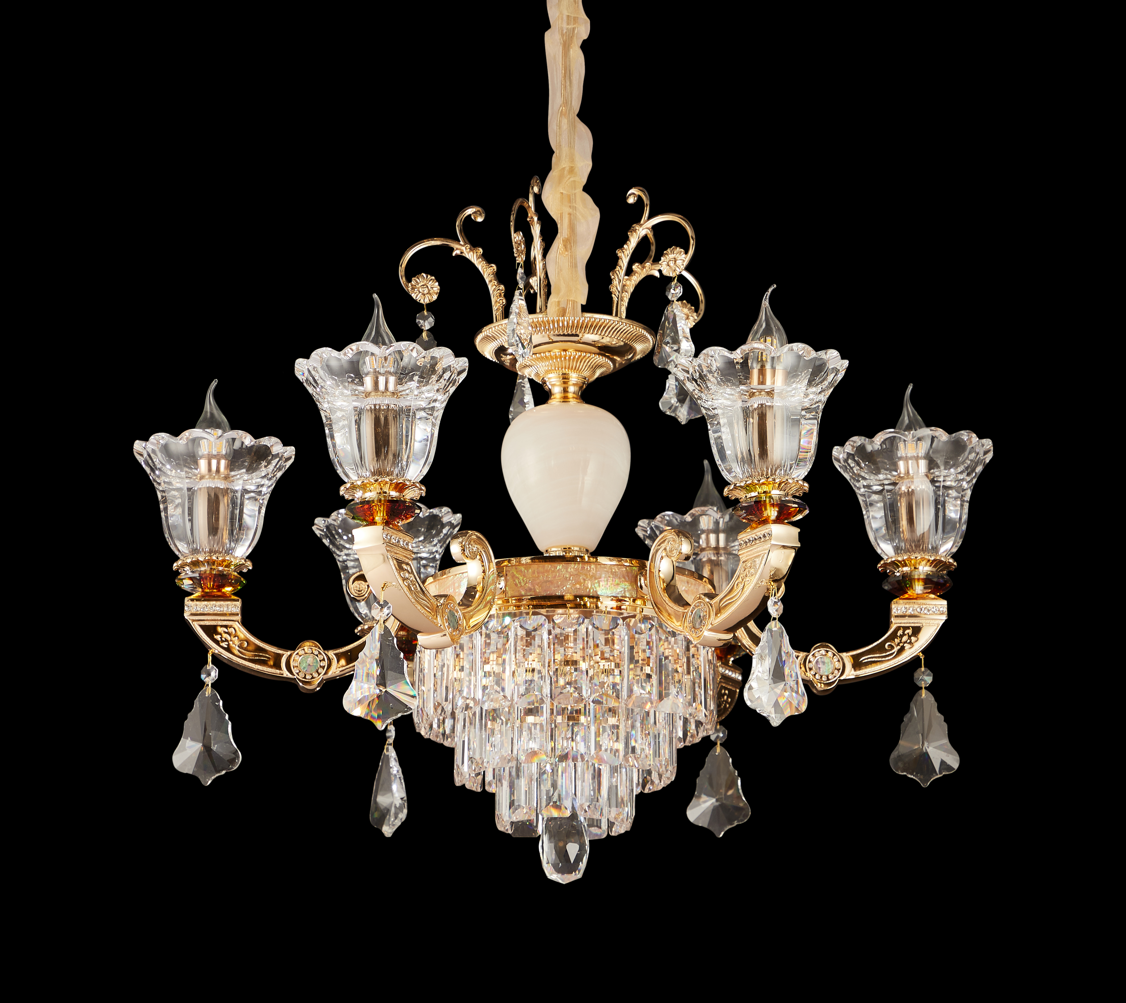 Brass Crystal White Jade Chandelier for Villa & Hotel