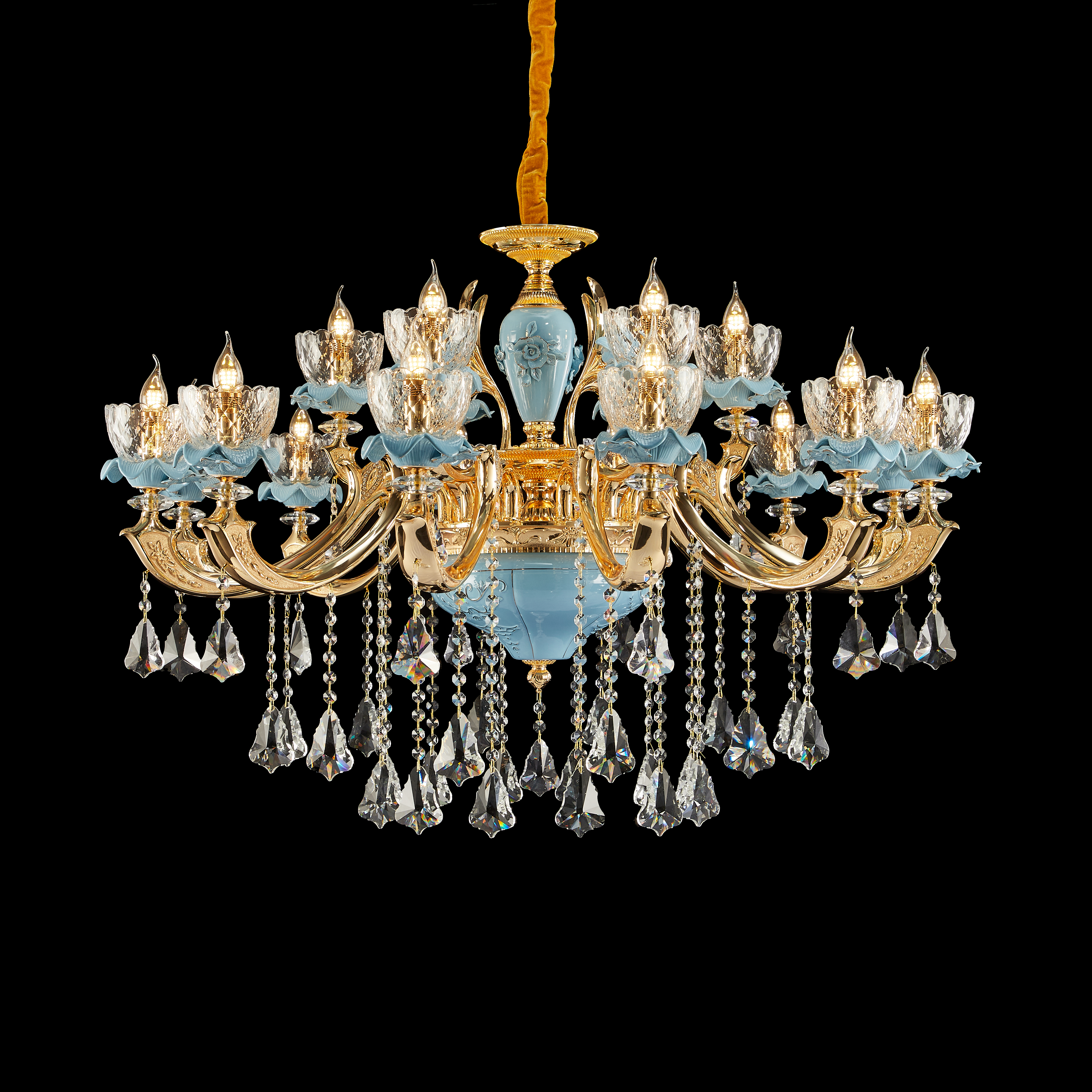 Blue ceramic 18 lights Chinese Style brass chandelier