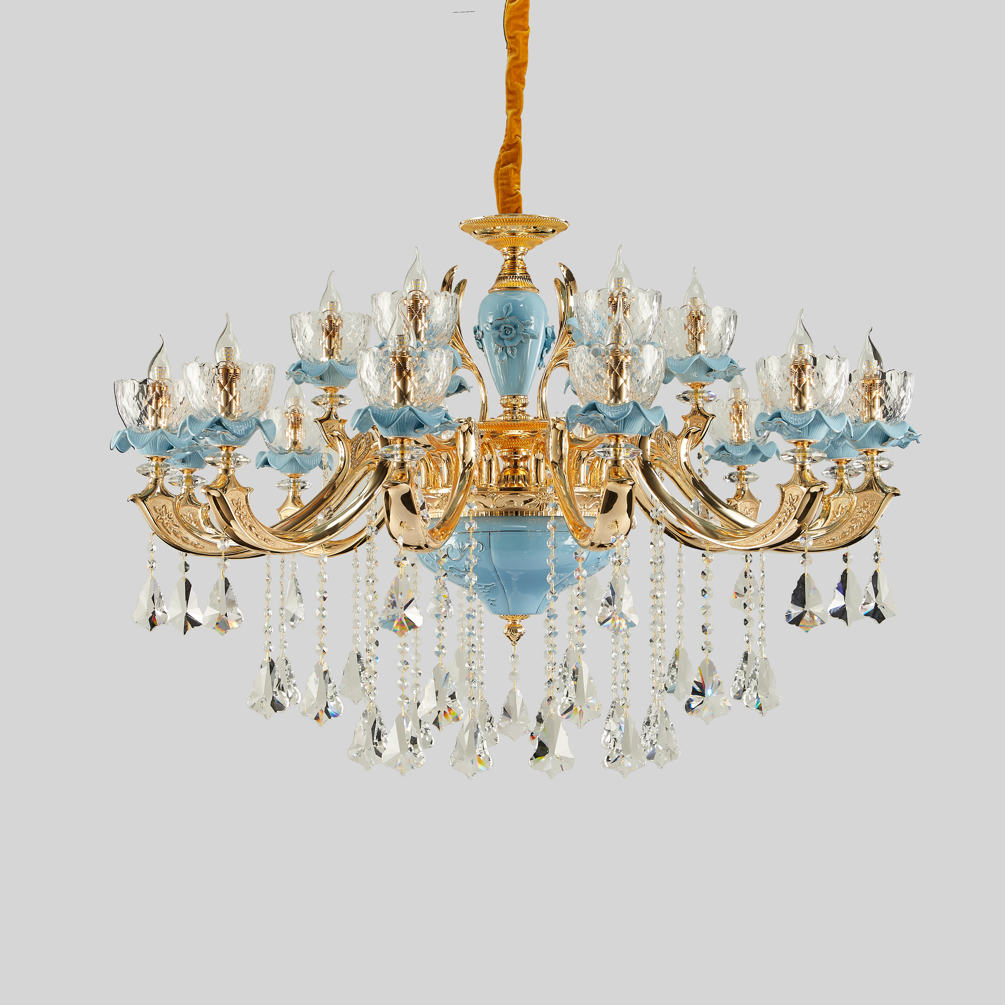 Blue ceramic 18 lights Chinese Style brass chandelier
