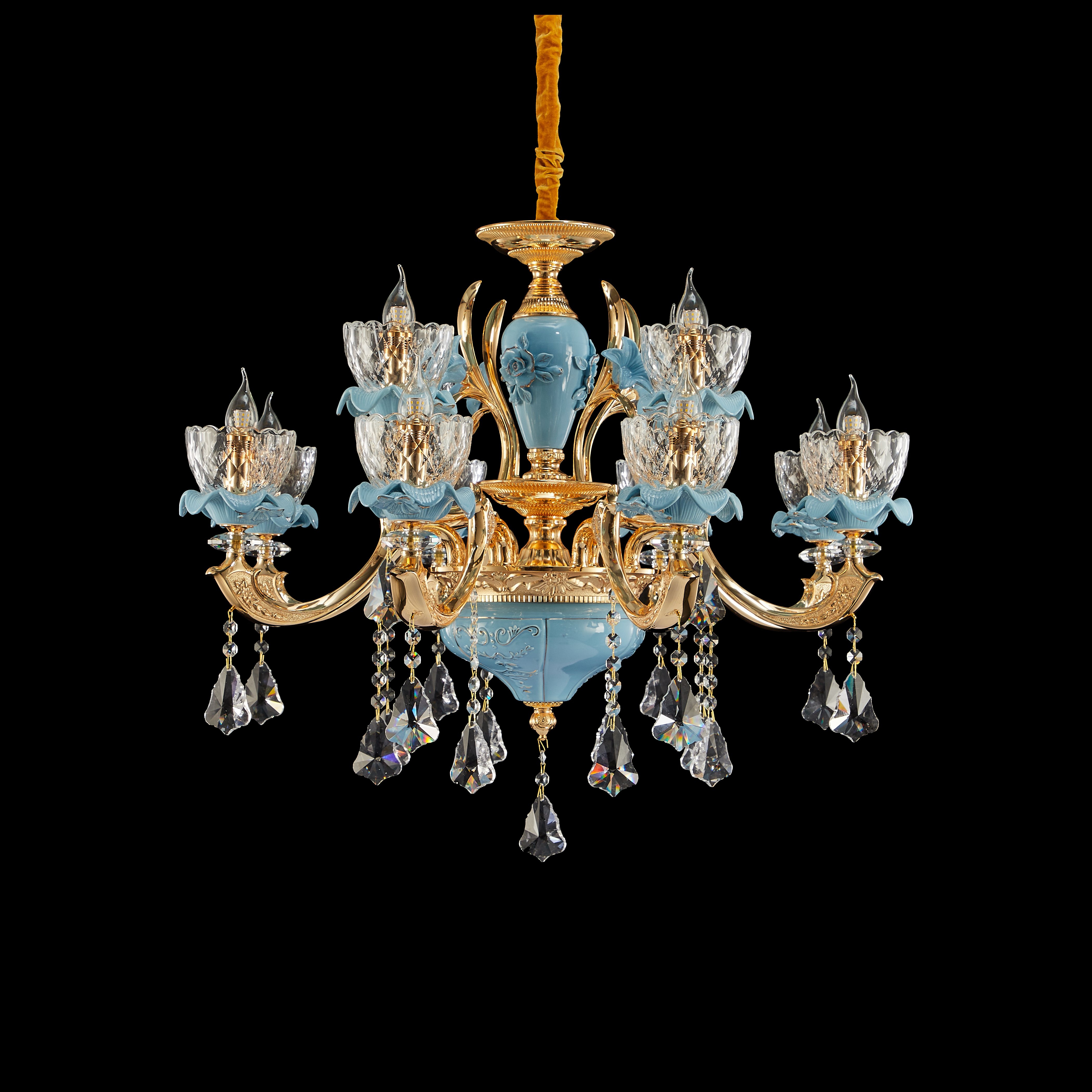 Blue ceramic 12 lights Chinese Style brass chandelier
