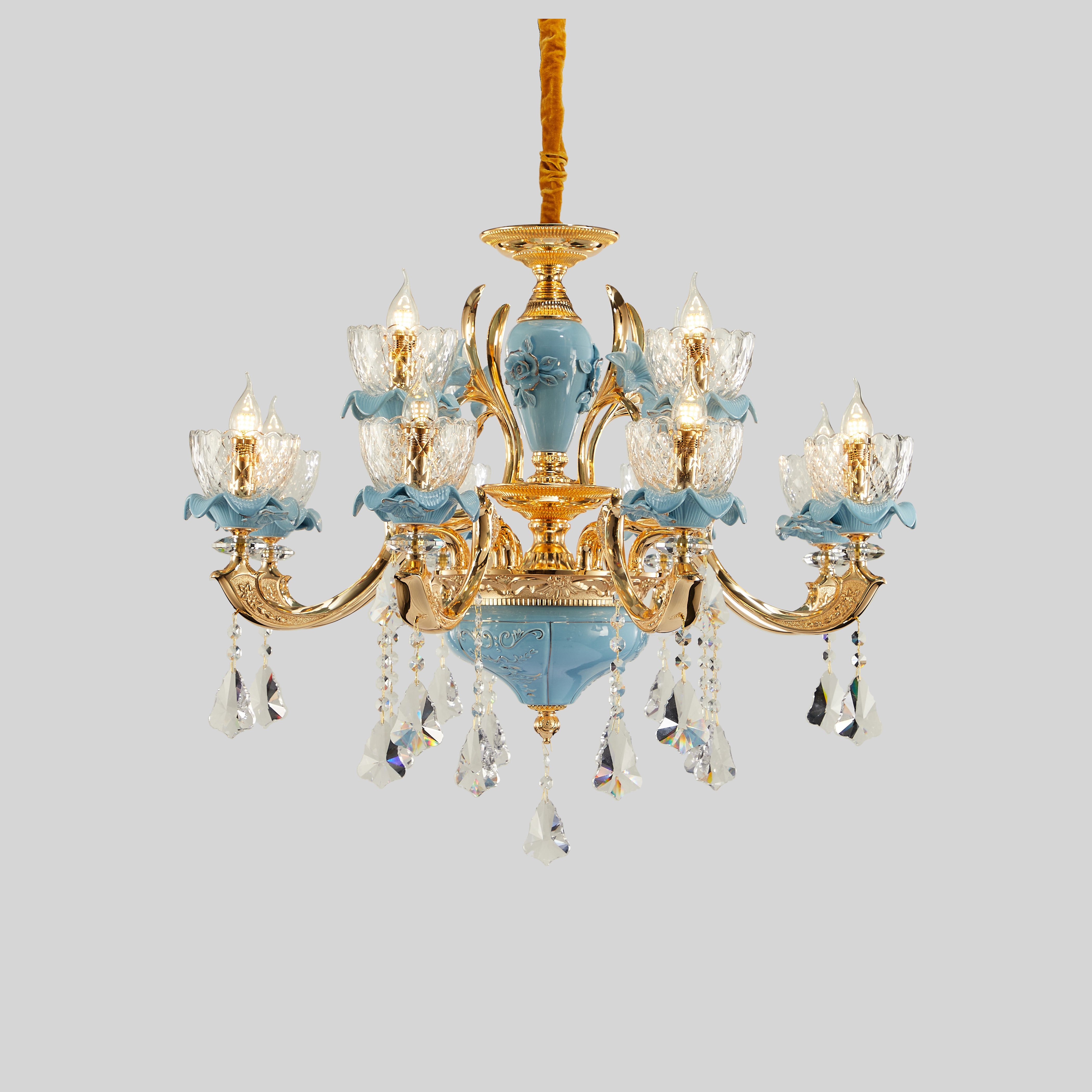 Blue ceramic 12 lights Chinese Style brass chandelier
