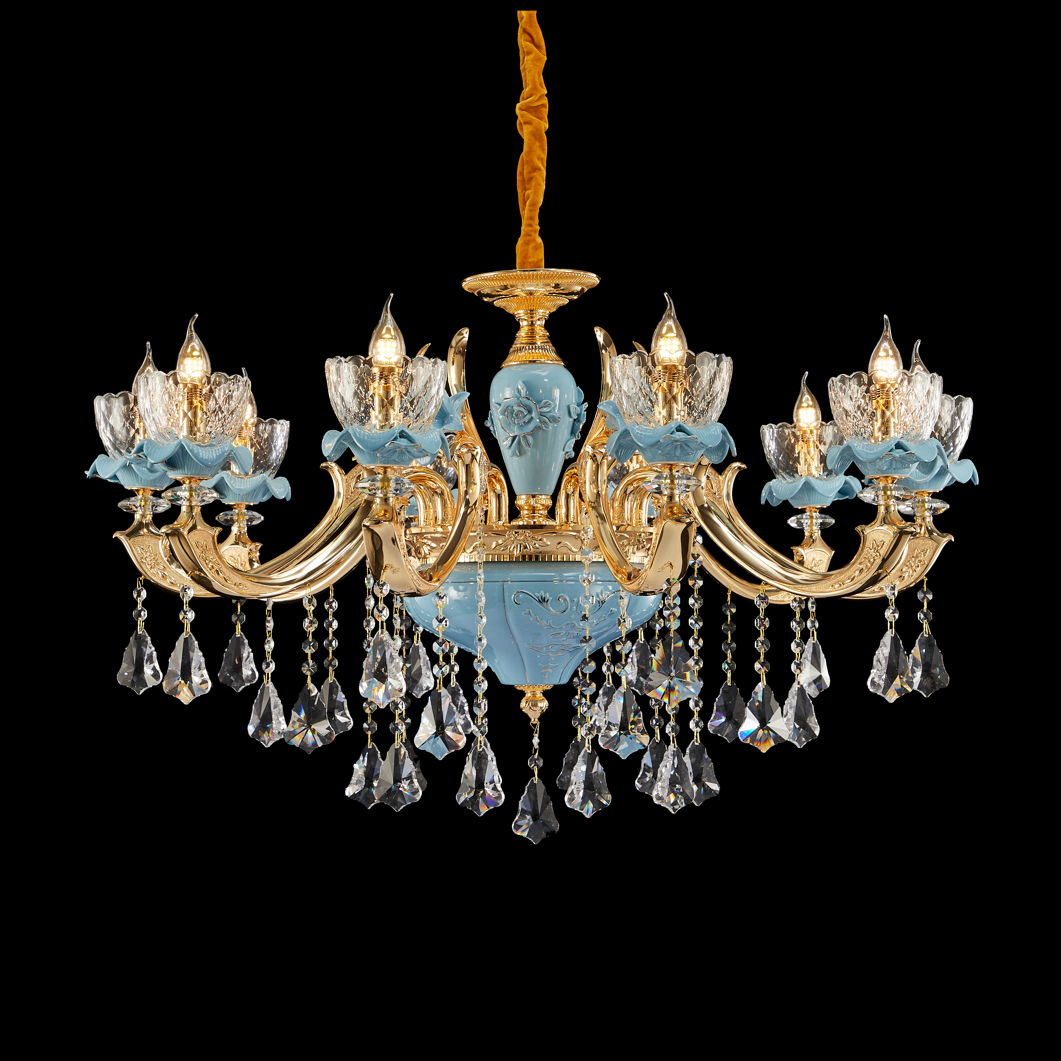 Blue ceramic 10 lights Chinese Style brass chandelier