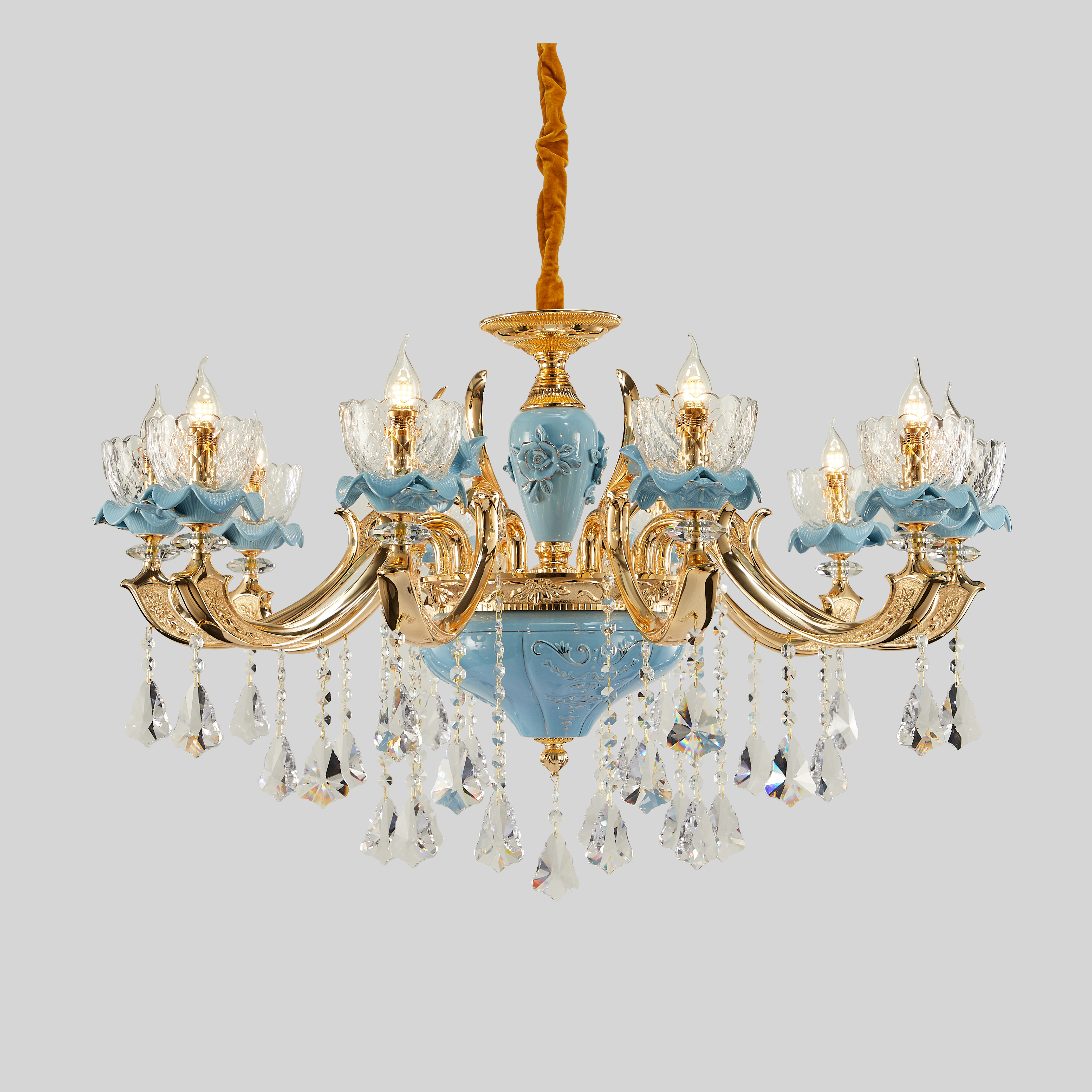 Blue ceramic 10 lights Chinese Style brass chandelier