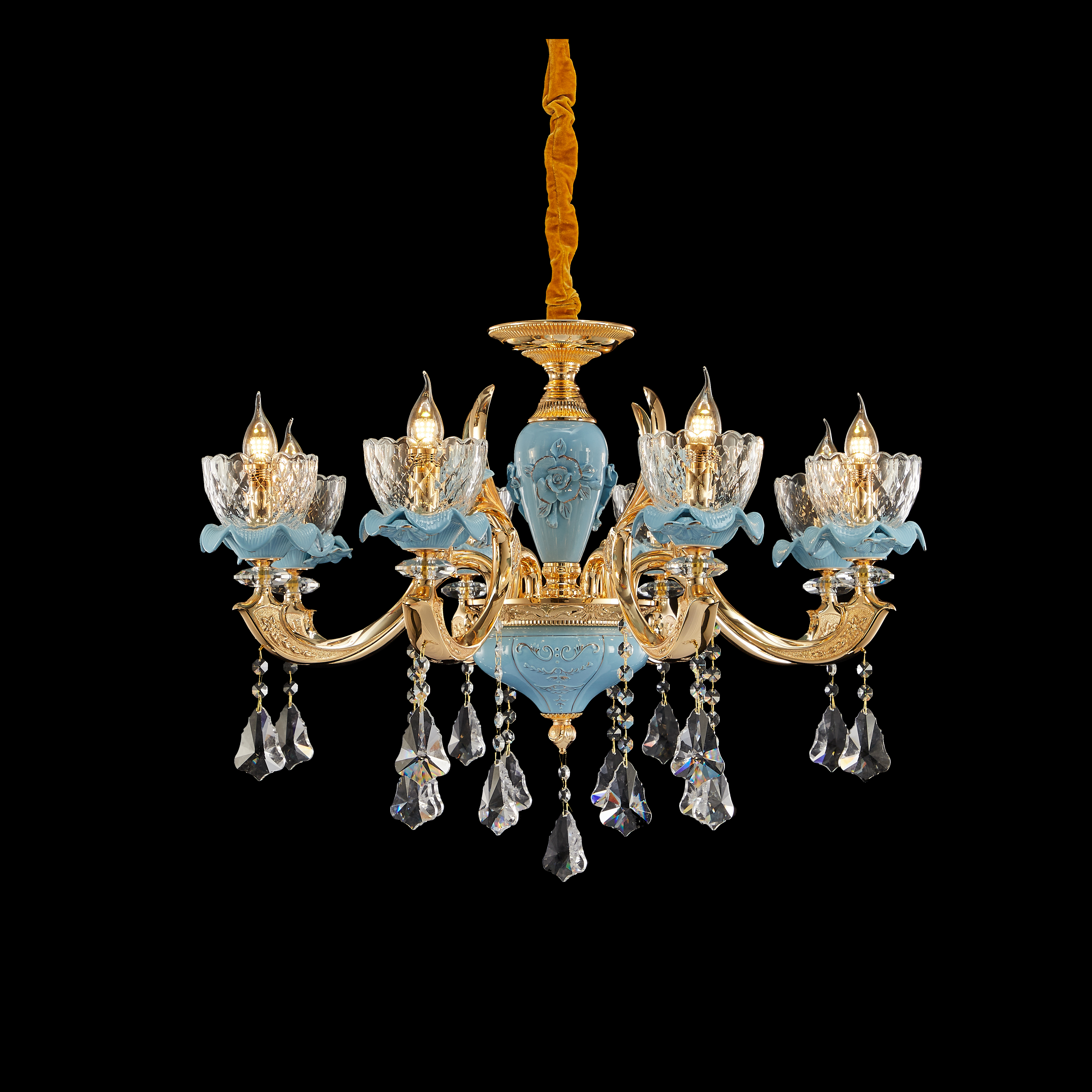 Blue ceramic 8 lights Chinese Style brass chandelier