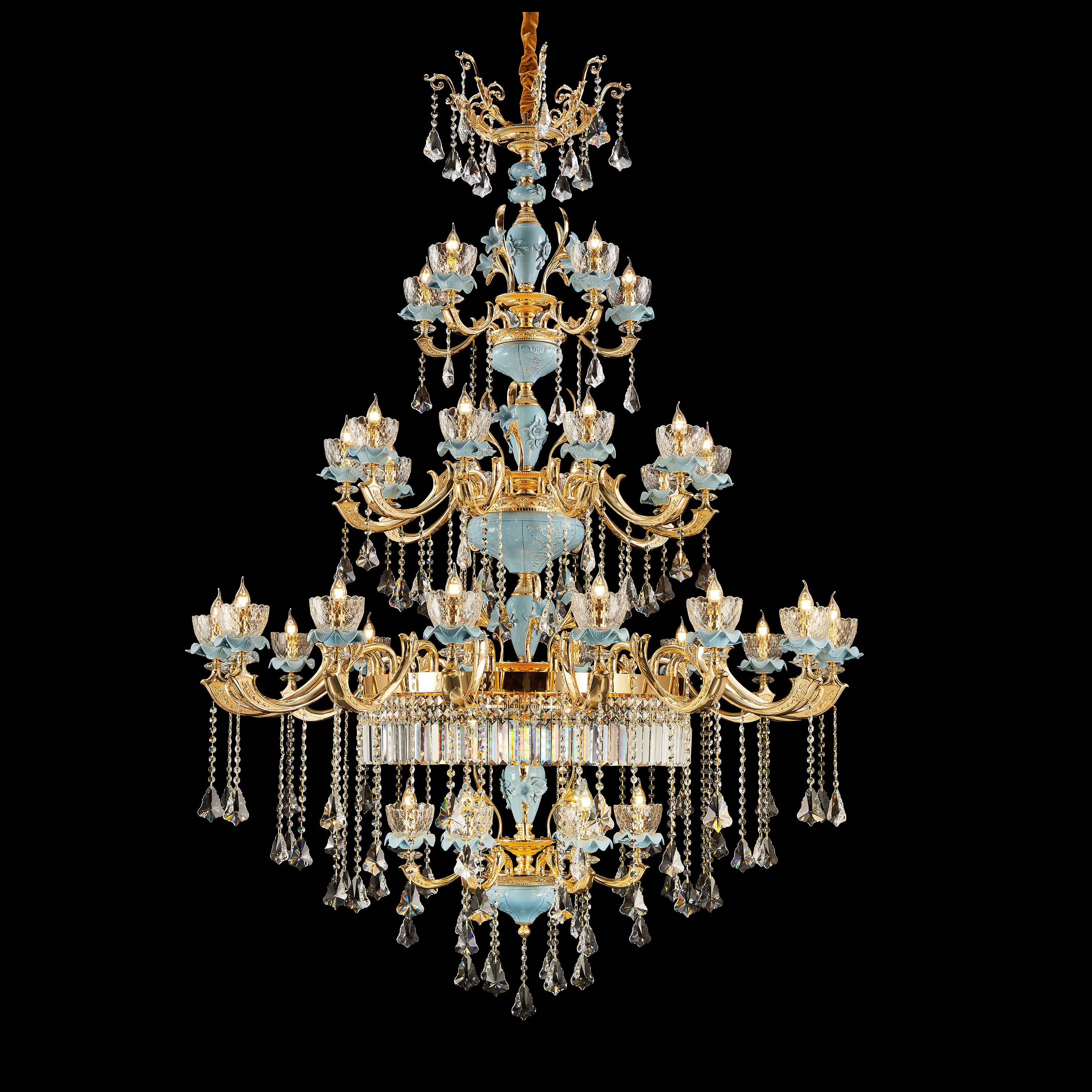Blue ceramic 37 lights Chinese Style brass chandelier for foyer/staircase