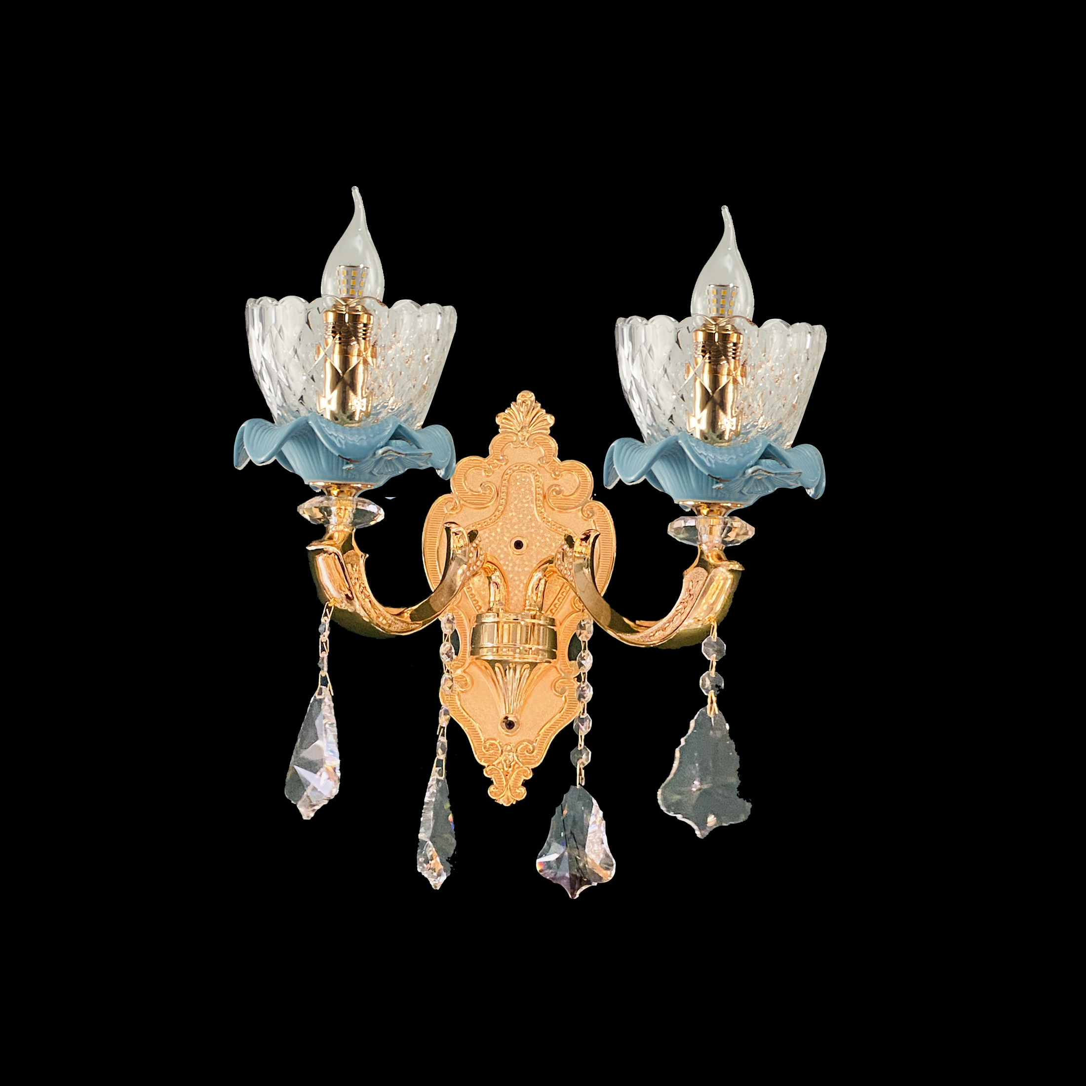 Blue ceramic 2 lights Chinese Style brass Wall sconce