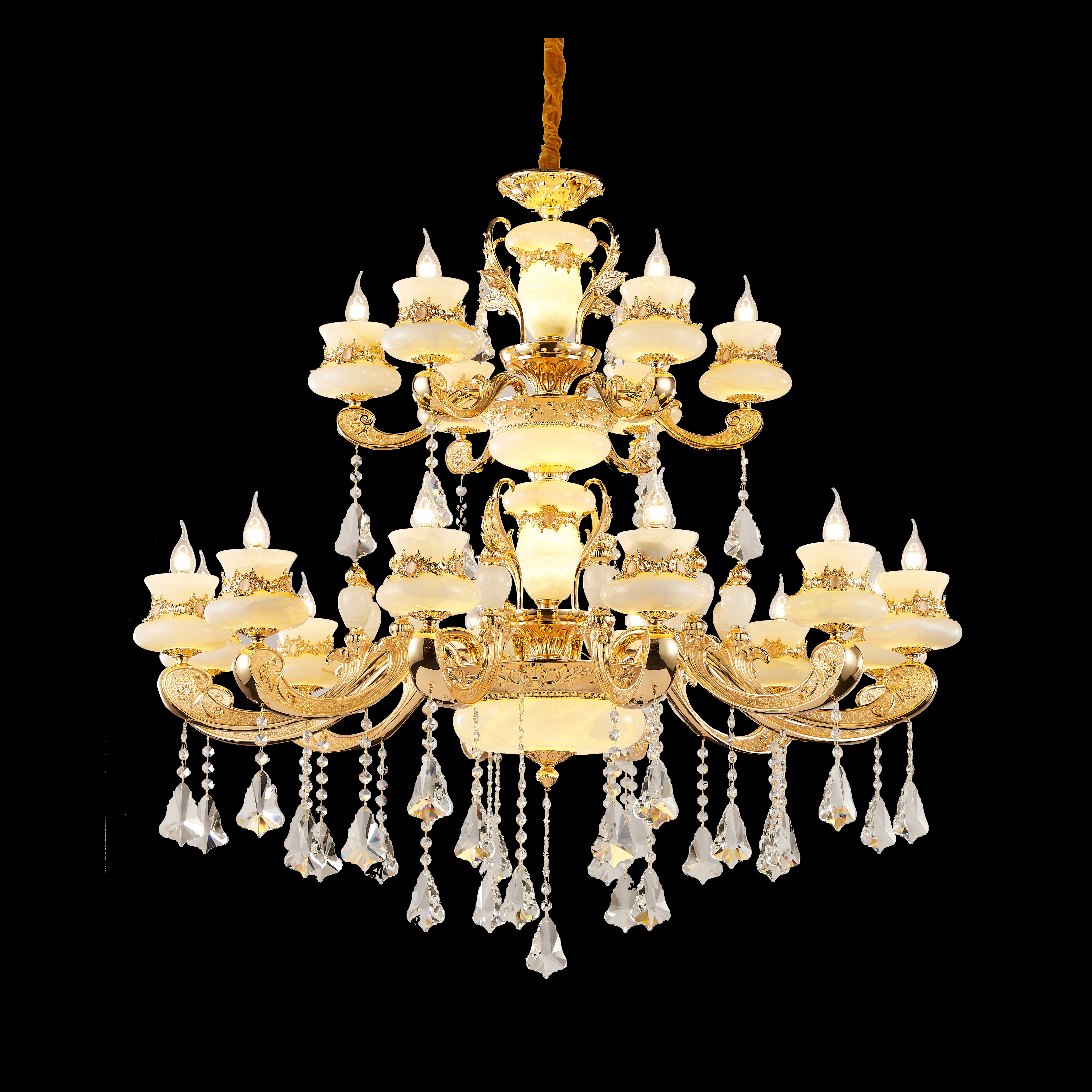  Luxury Gold Brass Chandelier with Natural White Jade & Crystal