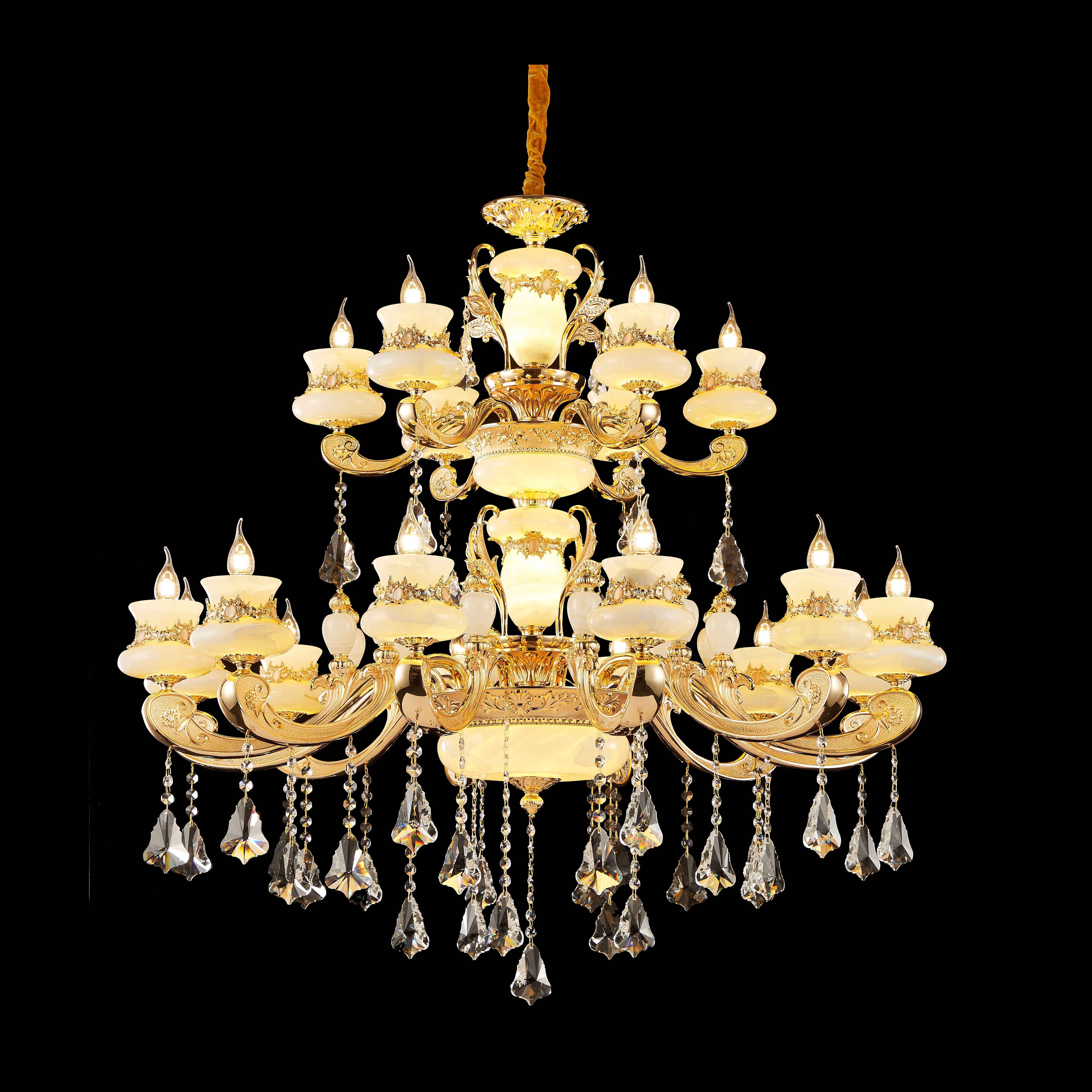  Luxury Gold Brass Chandelier with Natural White Jade & Crystal