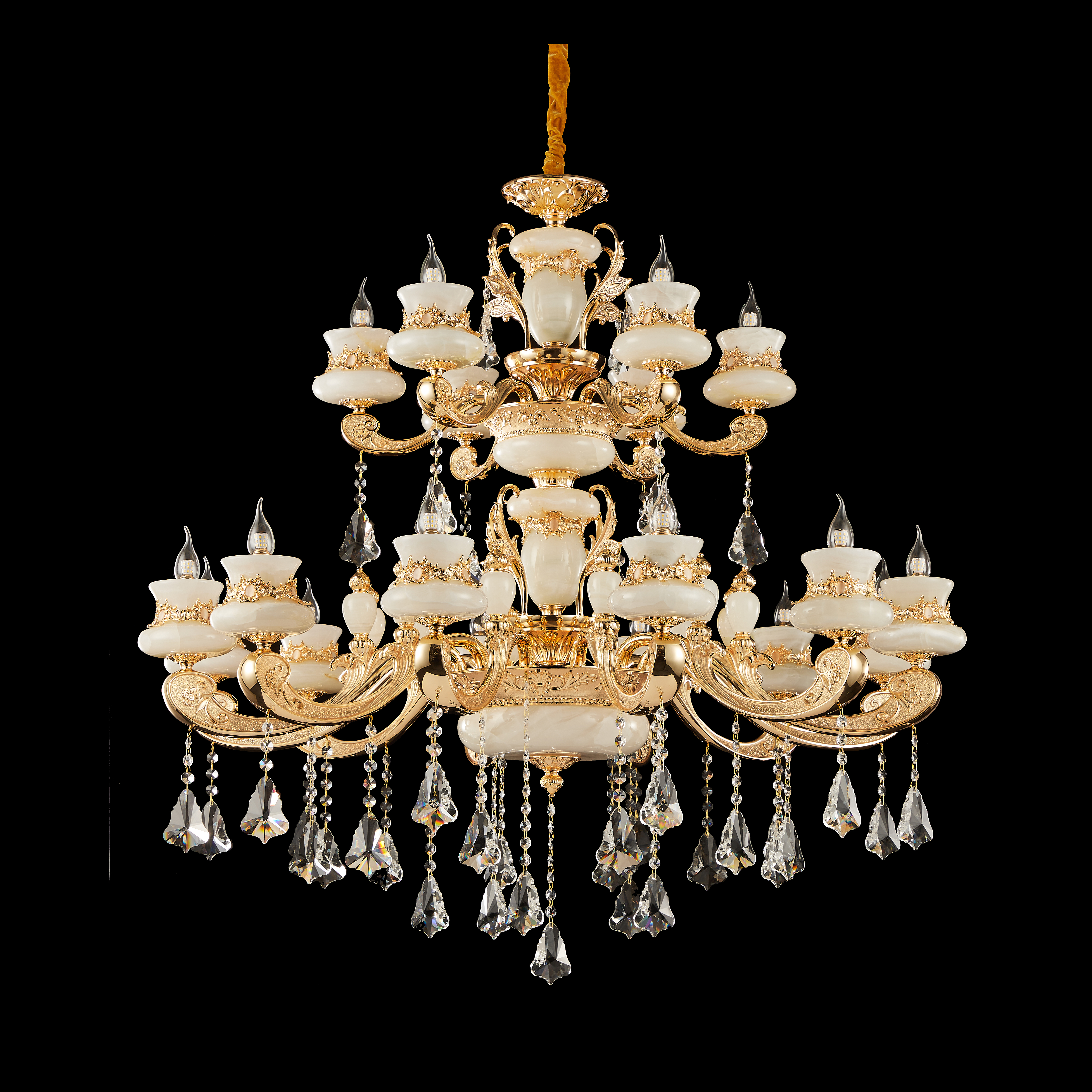  Luxury Gold Brass Chandelier with Natural White Jade & Crystal
