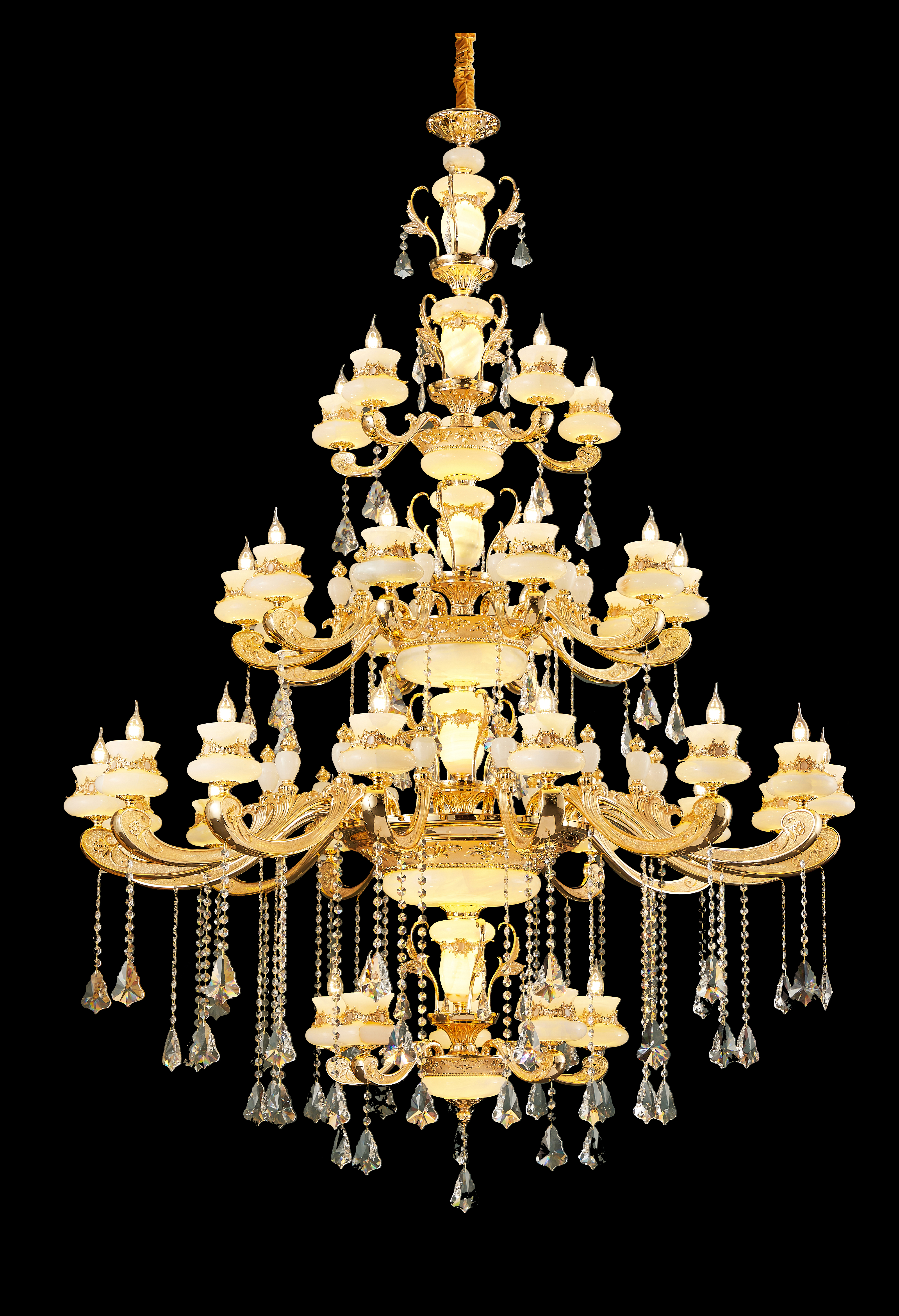  Luxury Gold Brass Chandelier with Natural White Jade & Crystal