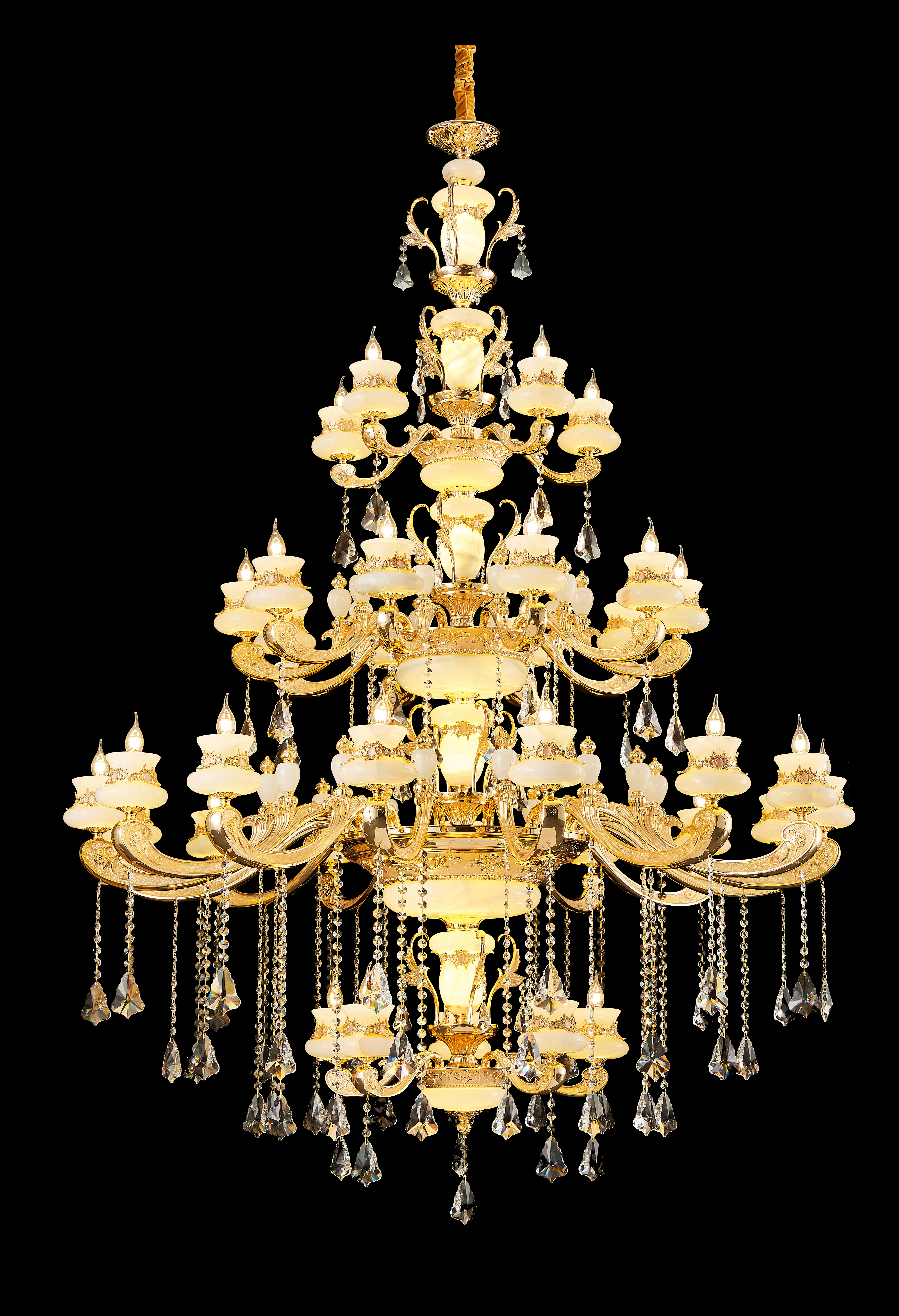  Luxury Gold Brass Chandelier with Natural White Jade & Crystal