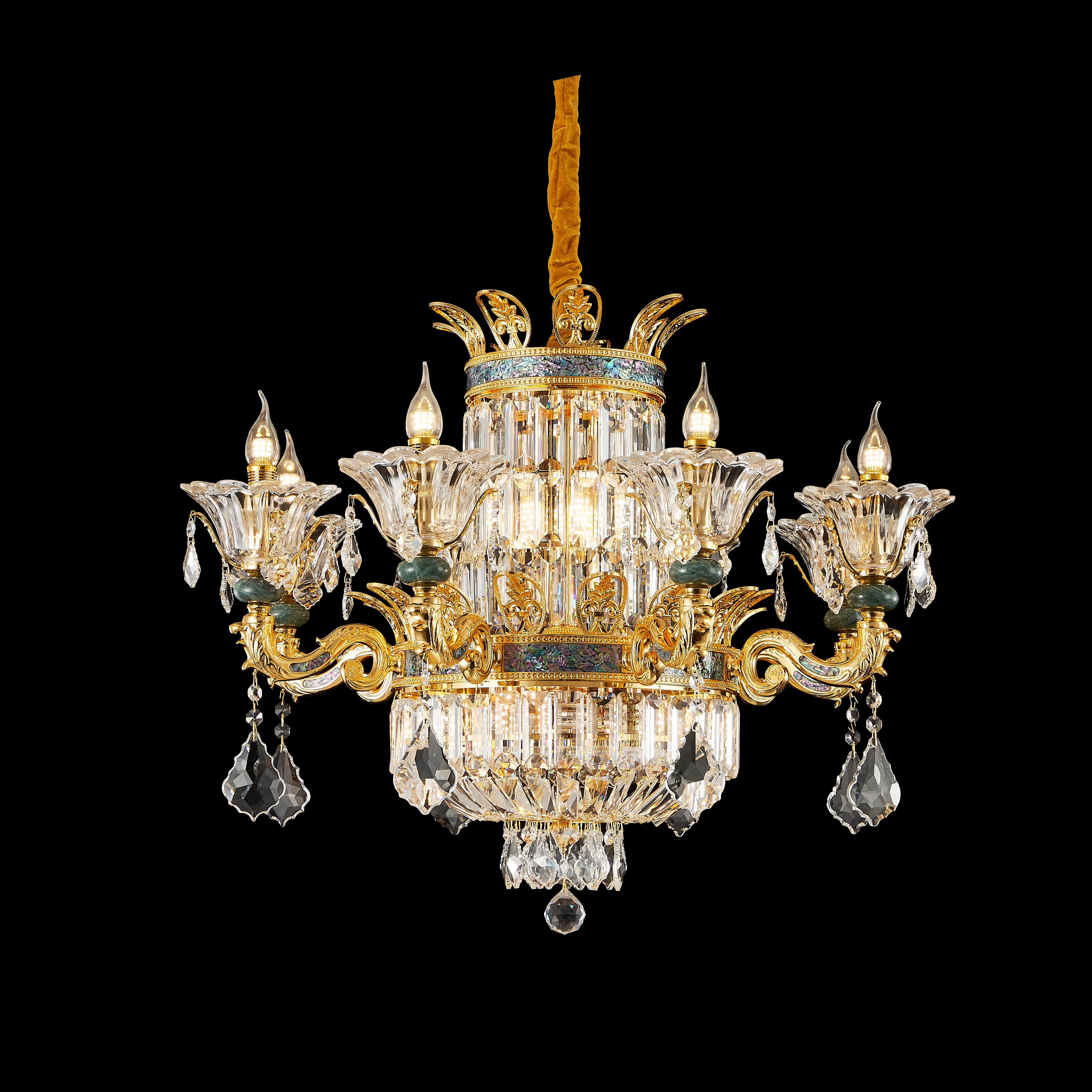  French Gold Brass Crystal Chandelier with Turquoise Accents