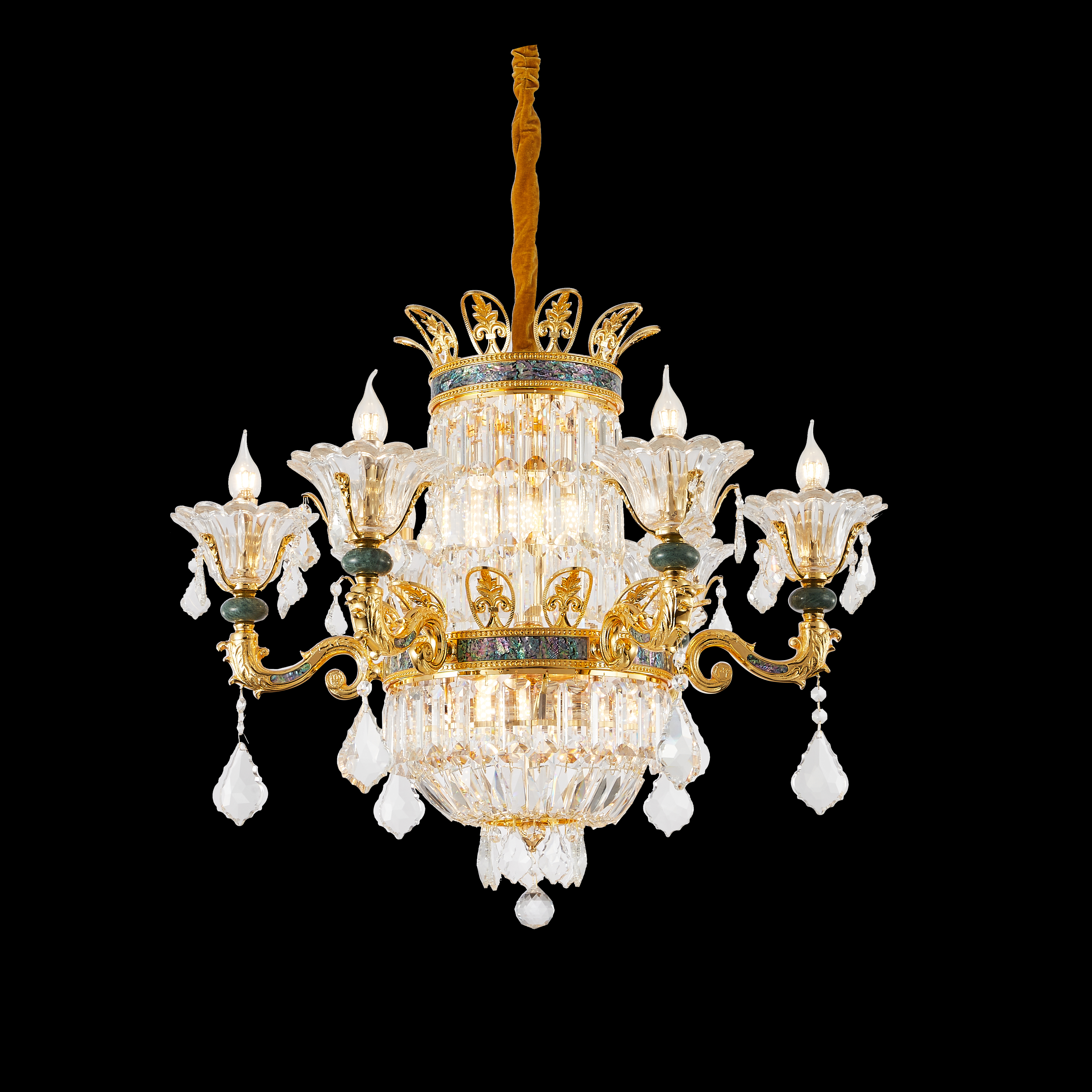  French Gold Brass Crystal Chandelier with Turquoise Accents