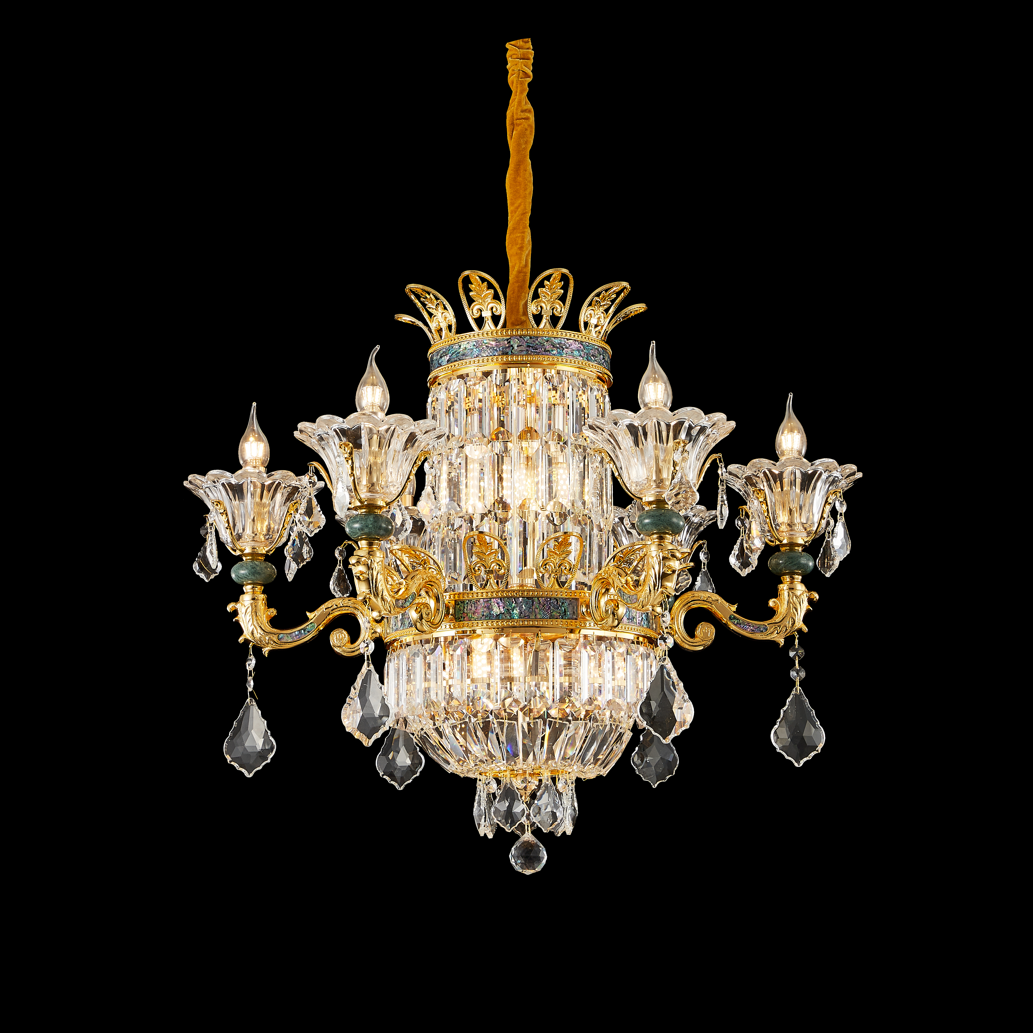  French Gold Brass Crystal Chandelier with Turquoise Accents