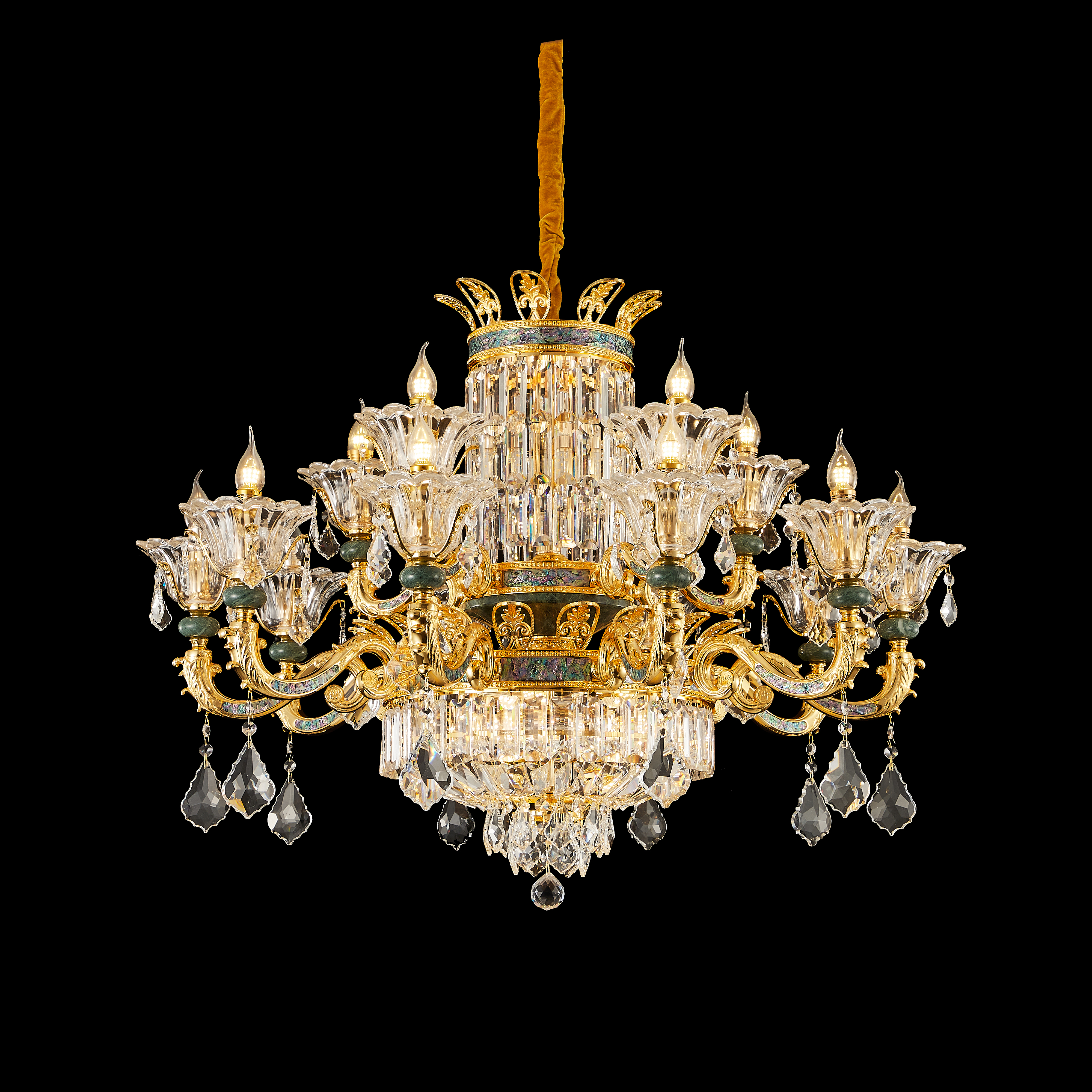  French Gold Brass Crystal Chandelier with Turquoise Accents