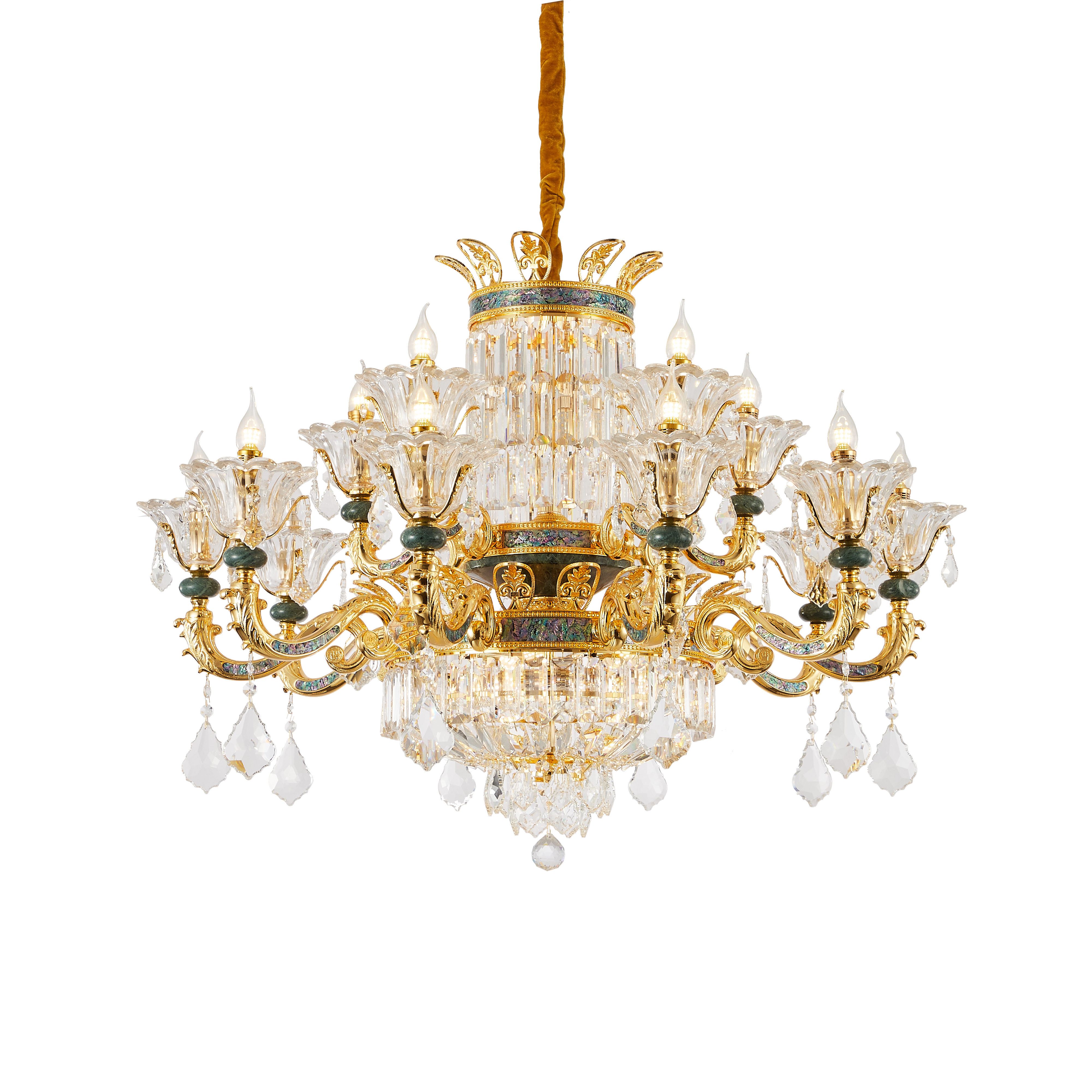 French Gold Brass Crystal Chandelier with Turquoise Accents