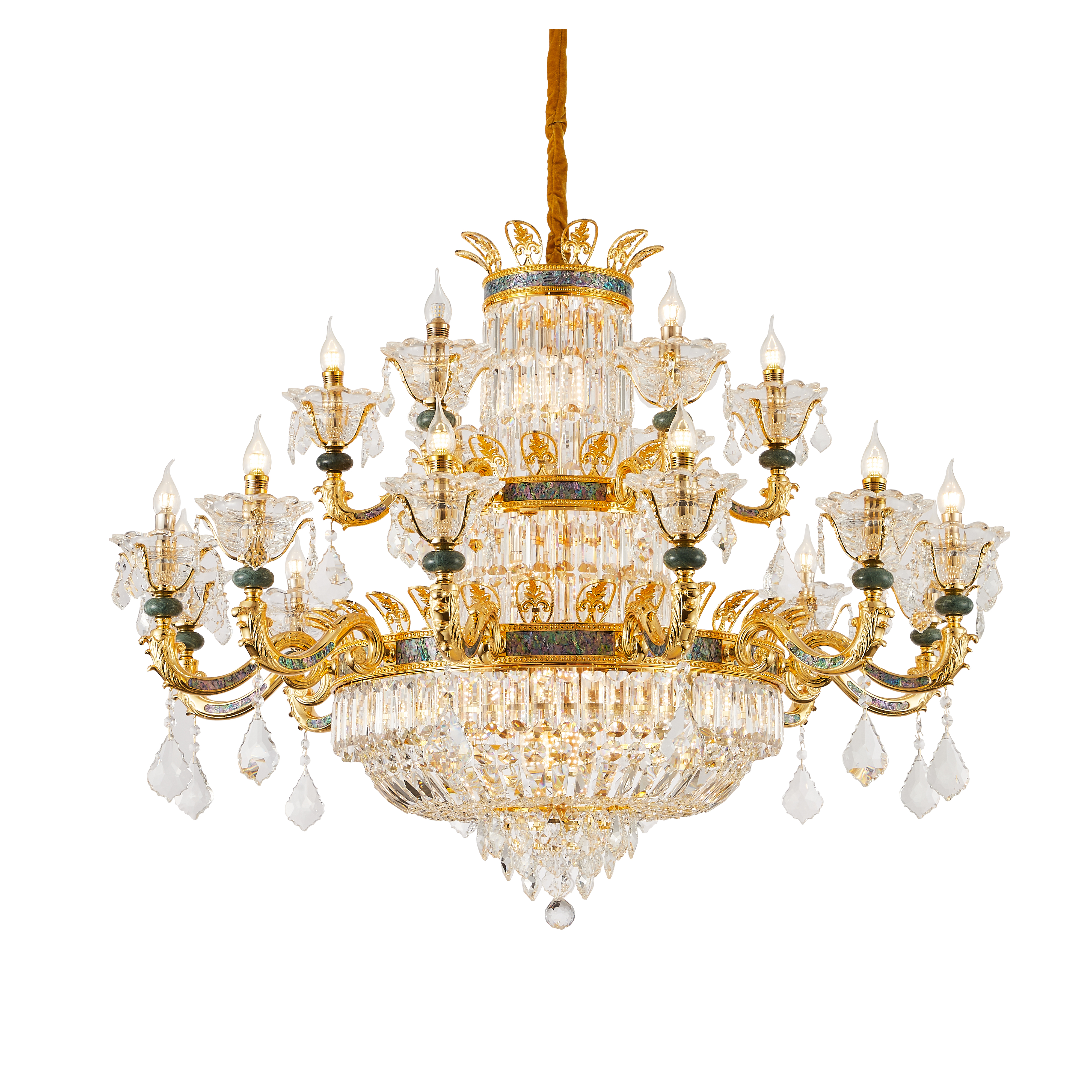  French Gold Brass Crystal Chandelier with Turquoise Accents