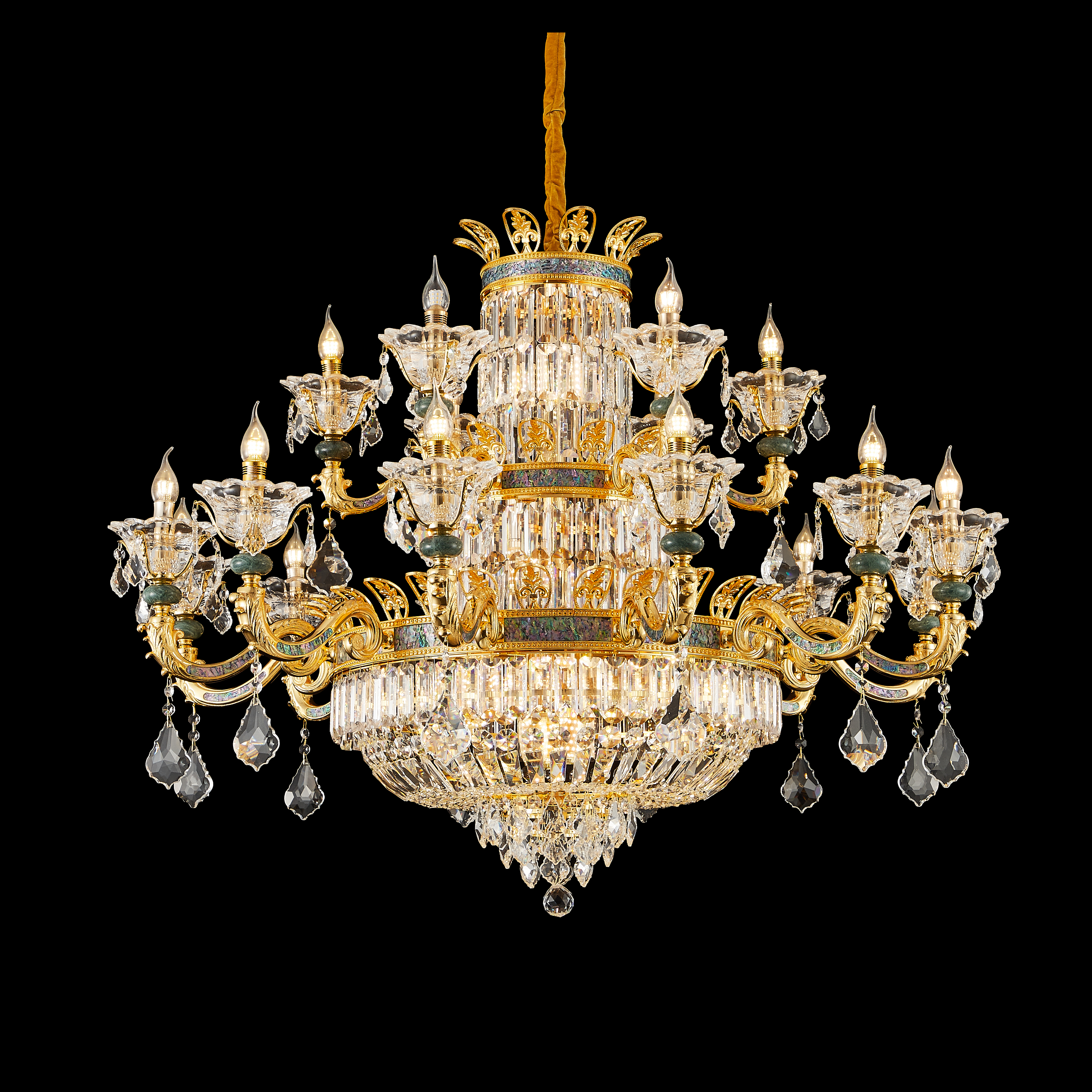  French Gold Brass Crystal Chandelier with Turquoise Accents