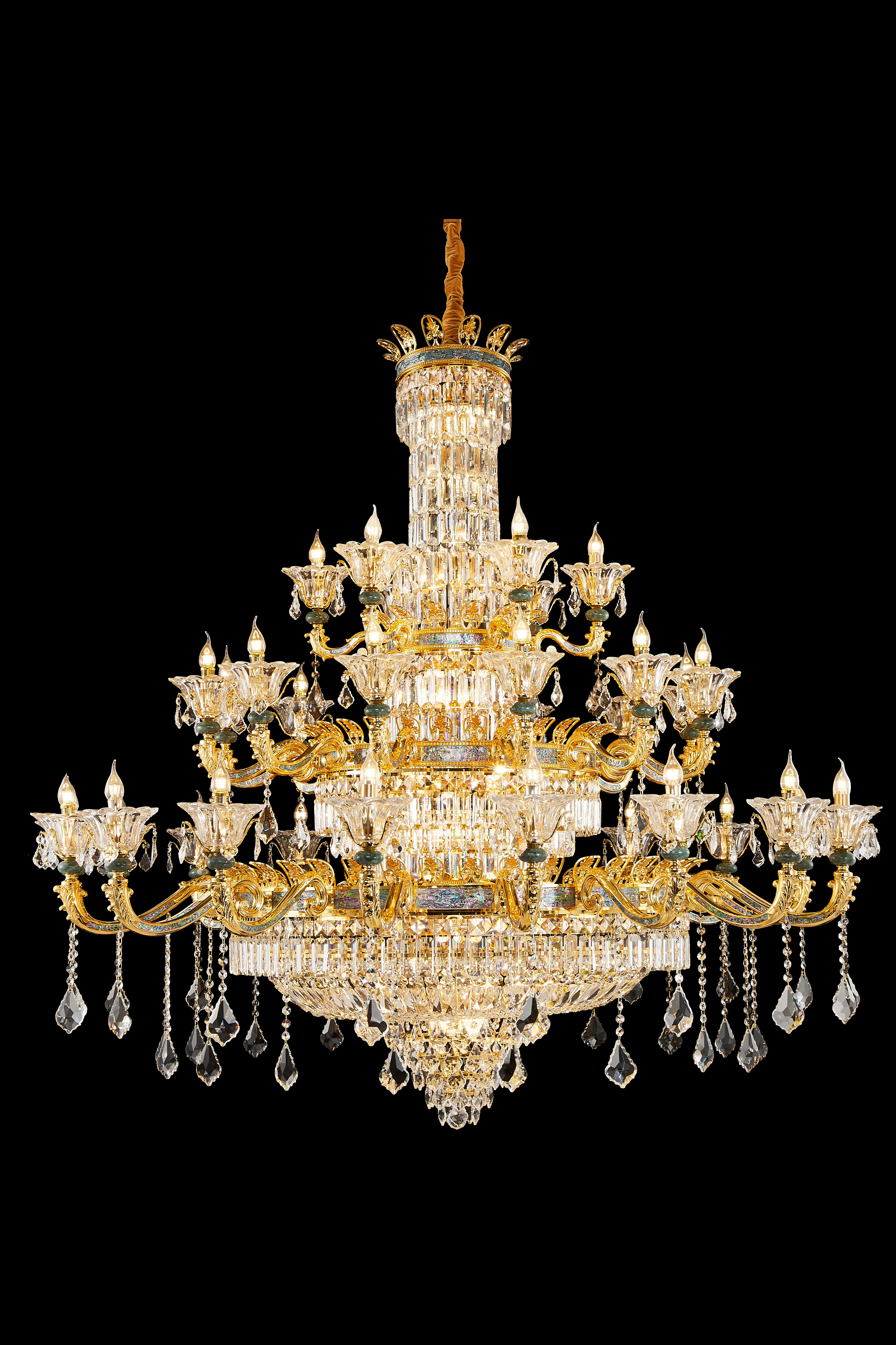  French Gold Brass Crystal Chandelier with Turquoise Accents