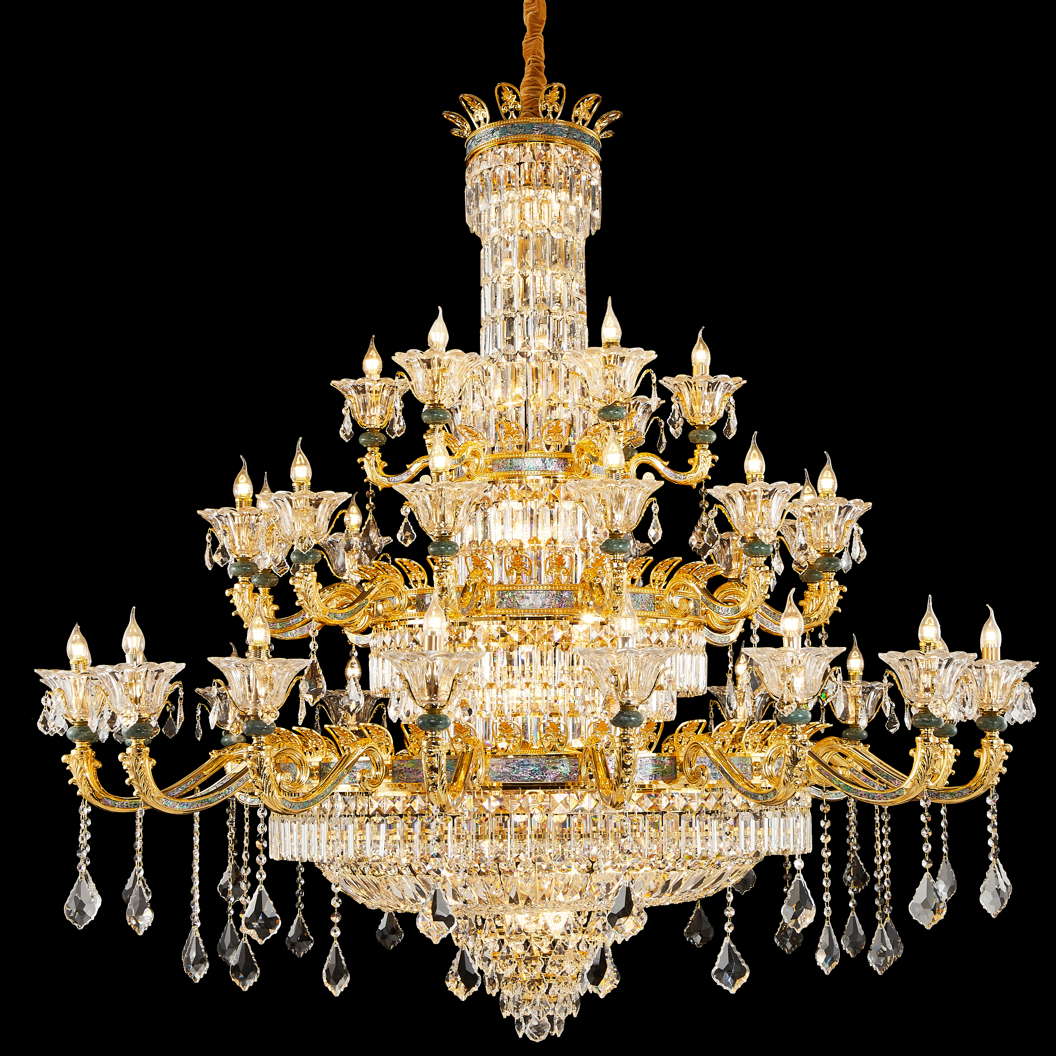  French Gold Brass Crystal Chandelier with Turquoise Accents
