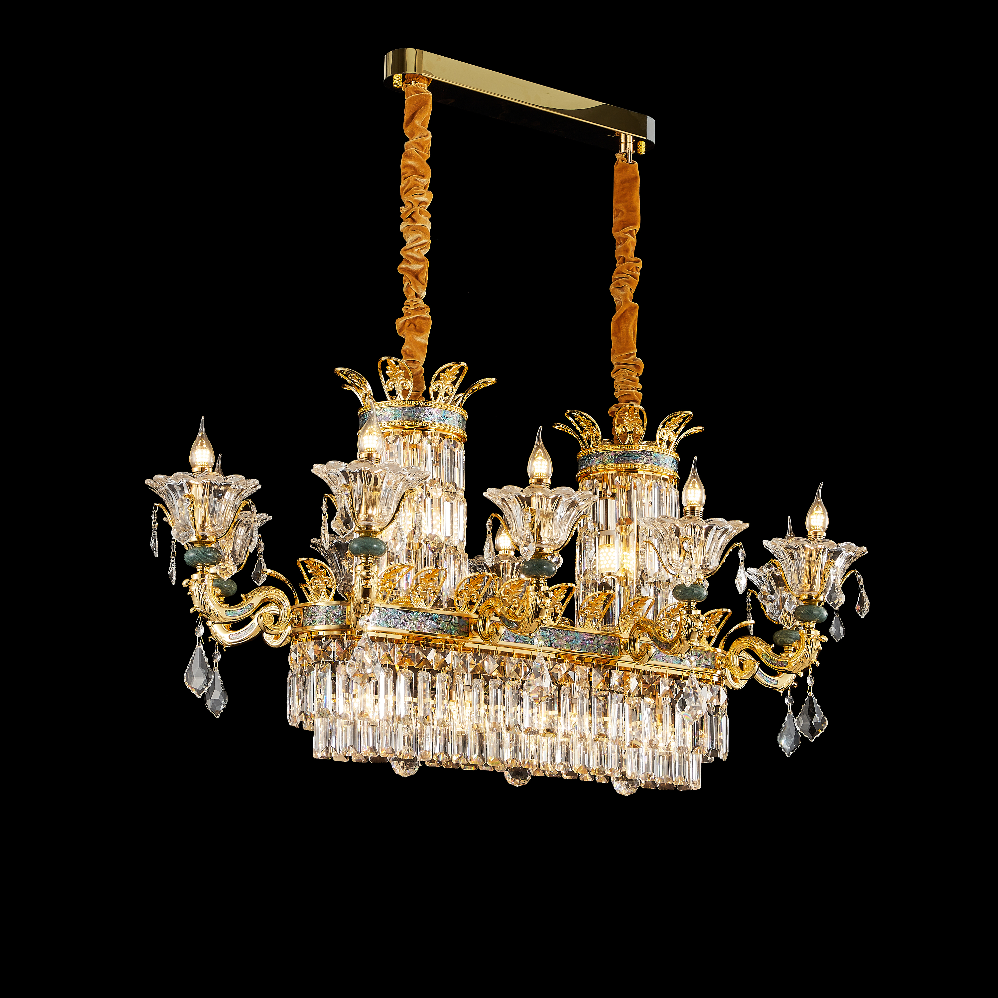  French Gold Brass Crystal Chandelier with Turquoise Accents