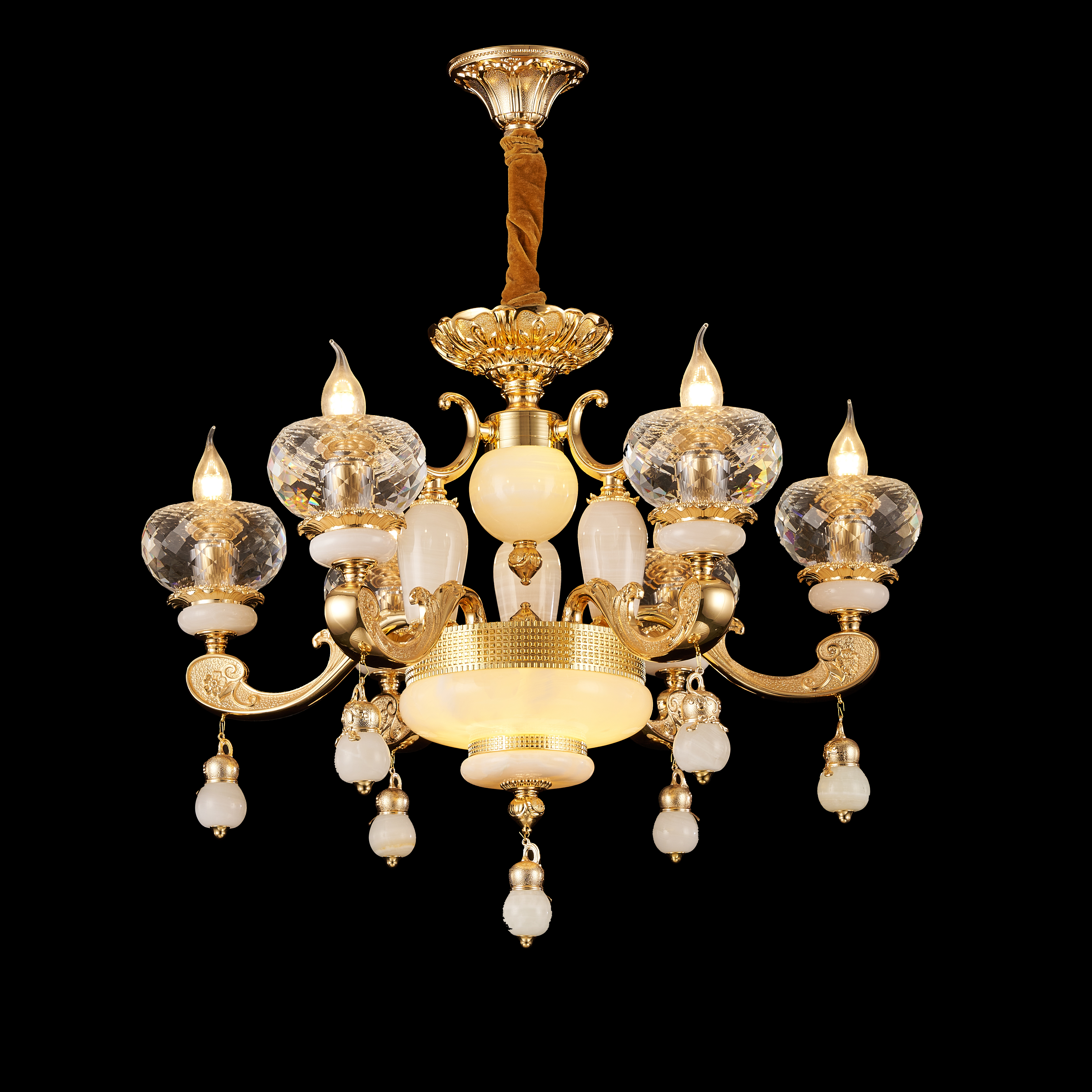 French Gold Brass White Jade Crystal Chandelier for Villa Foyer