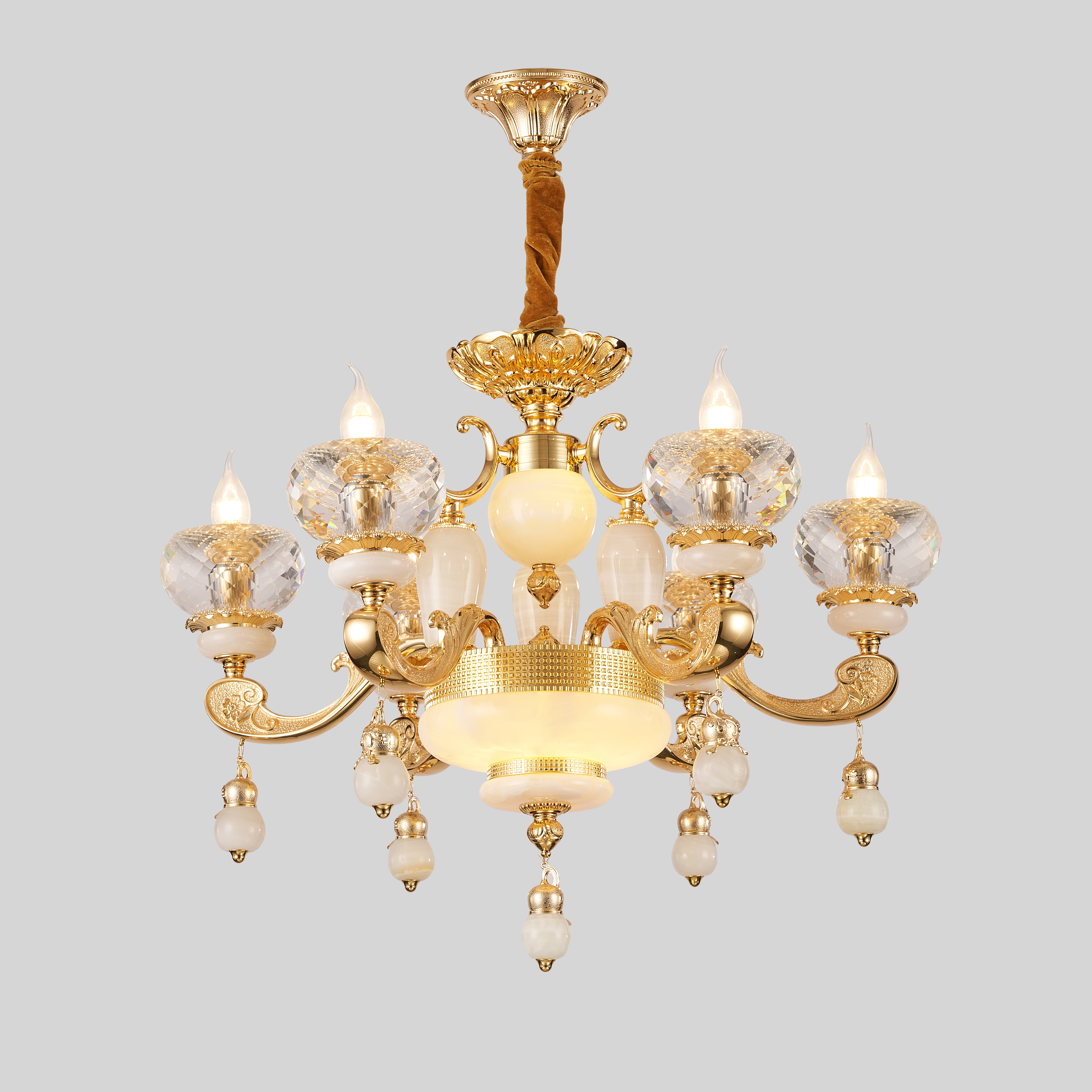 French Gold Brass White Jade Crystal Chandelier for Villa Foyer