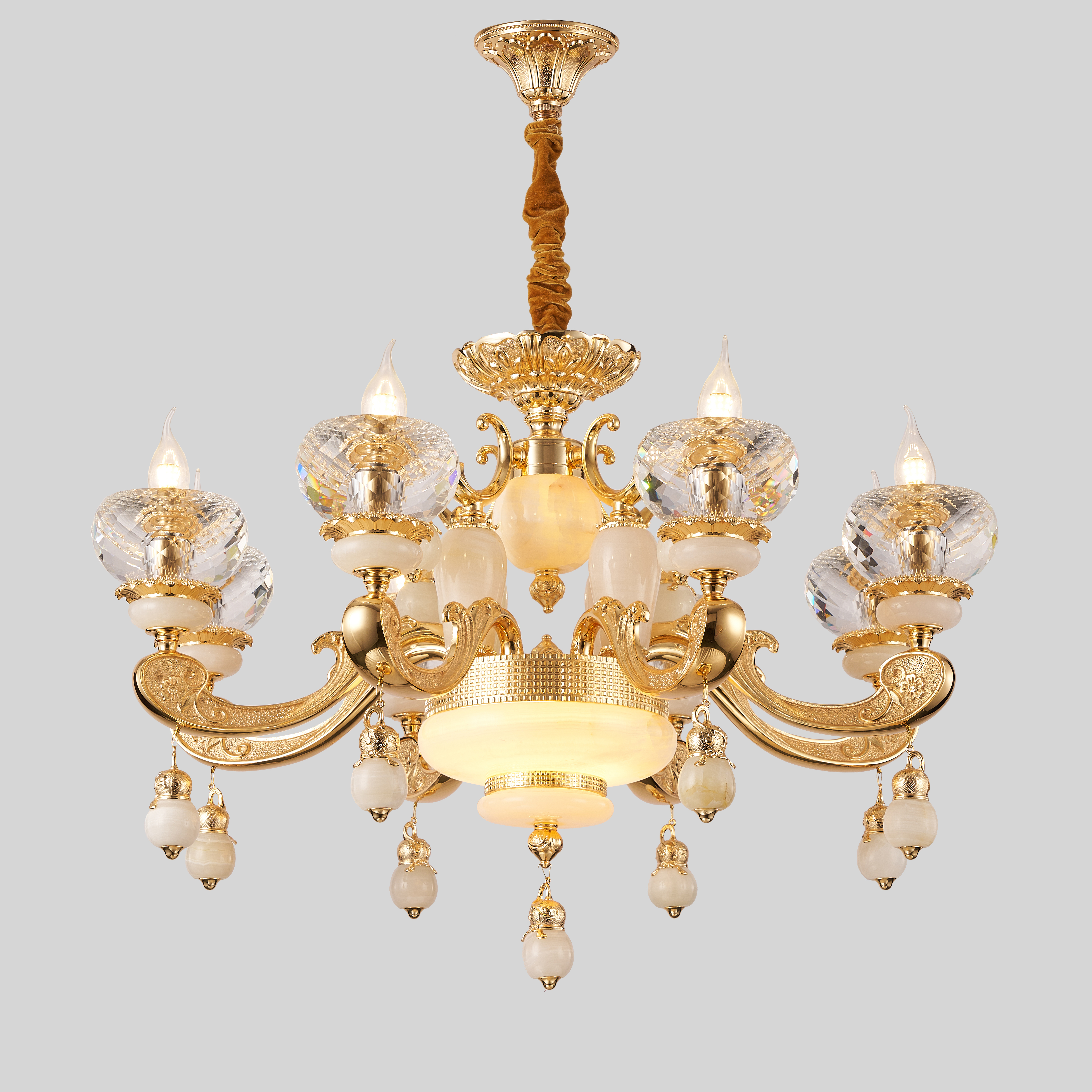 French Gold Brass White Jade Crystal Chandelier for Villa Foyer