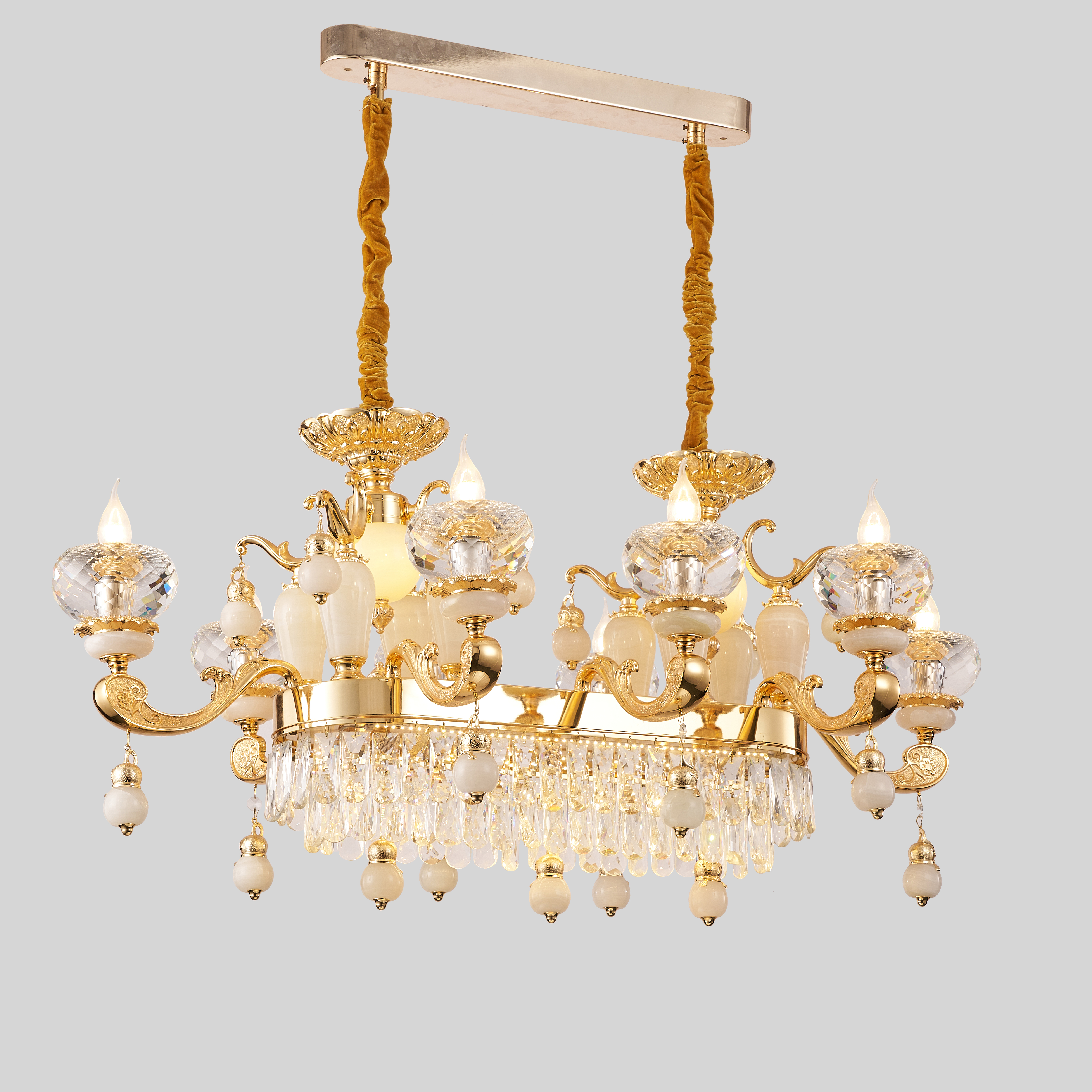 French Gold Brass White Jade Crystal Chandelier for Villa Foyer