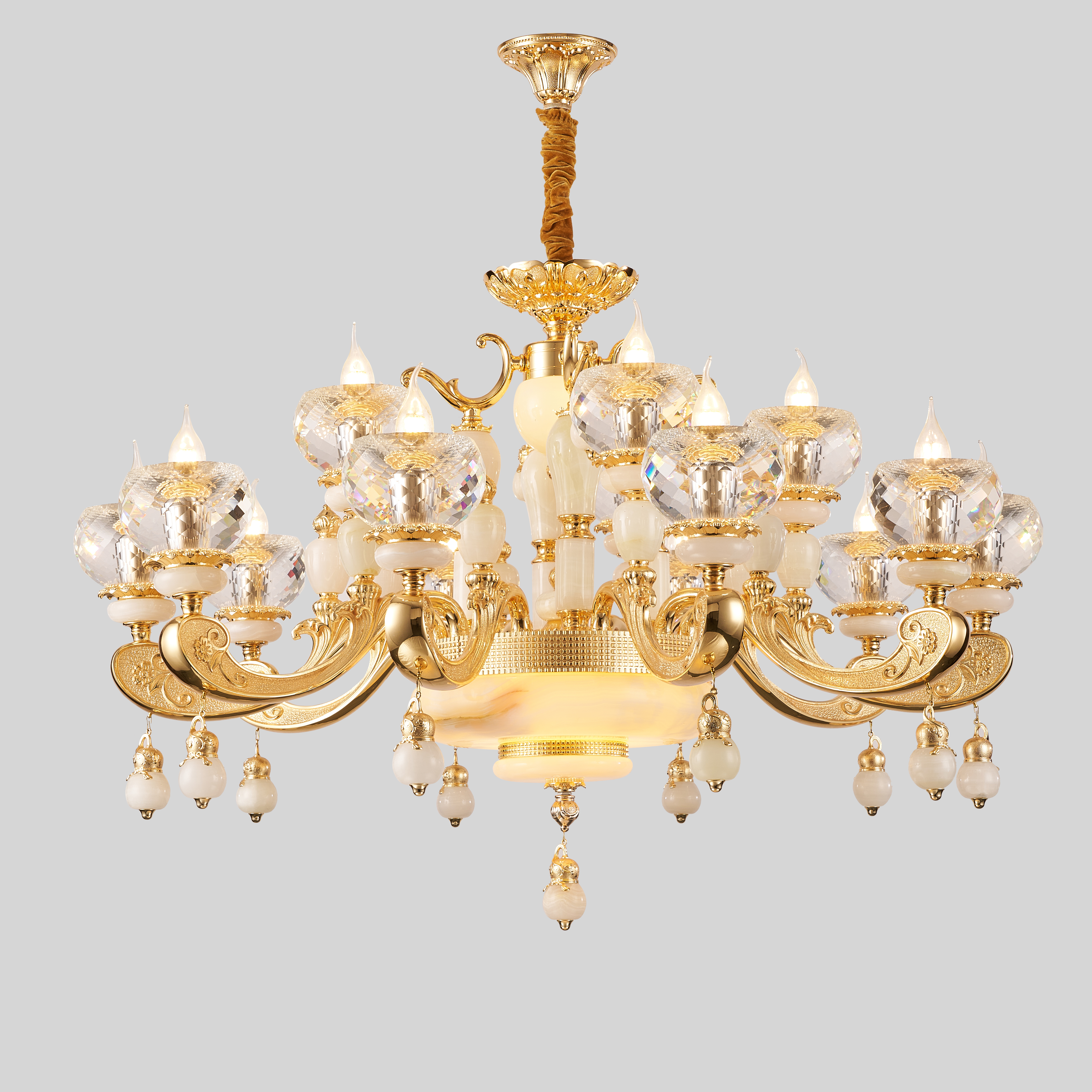 French Gold Brass White Jade Crystal Chandelier for Villa Foyer