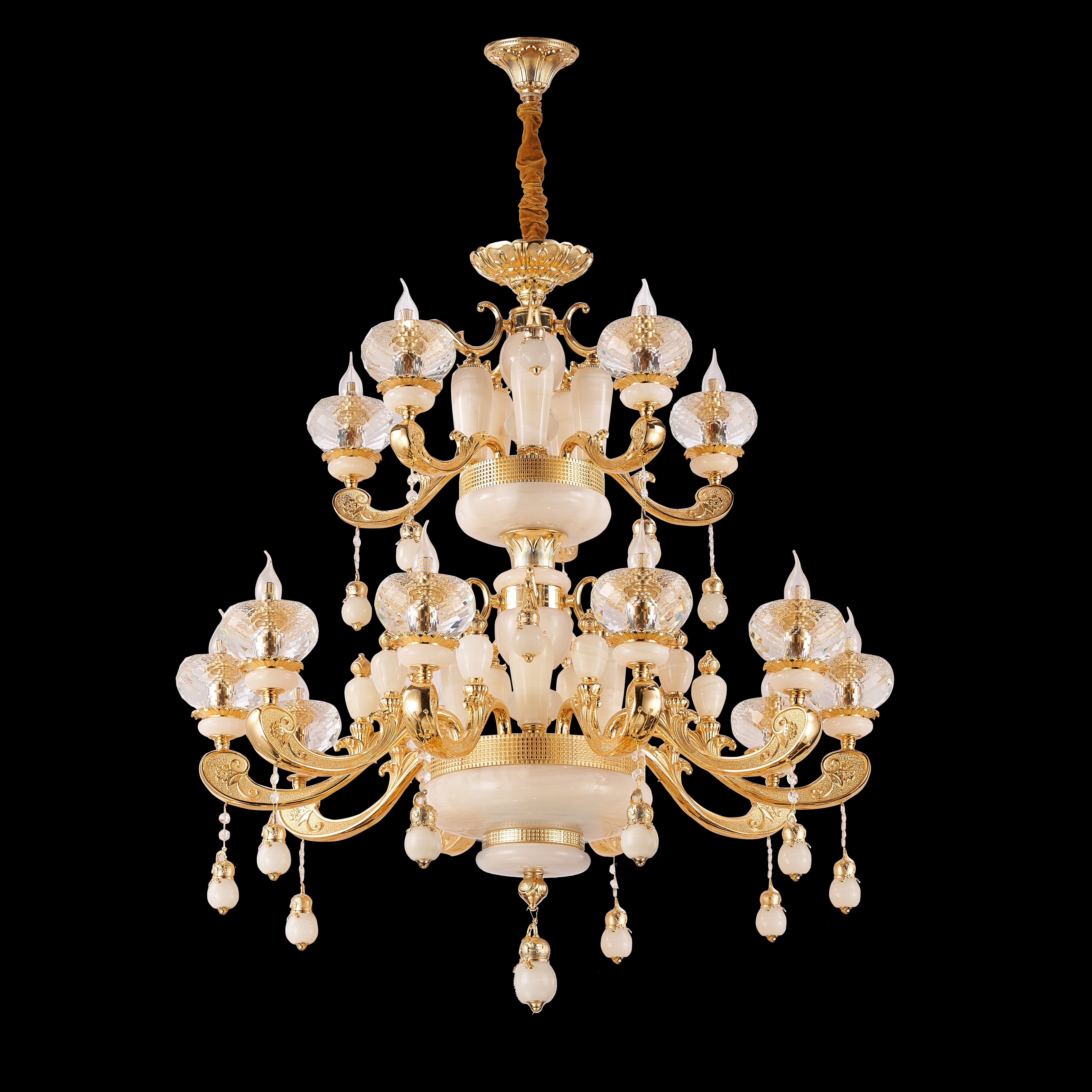 French Gold Brass White Jade Crystal Chandelier for Villa Foyer
